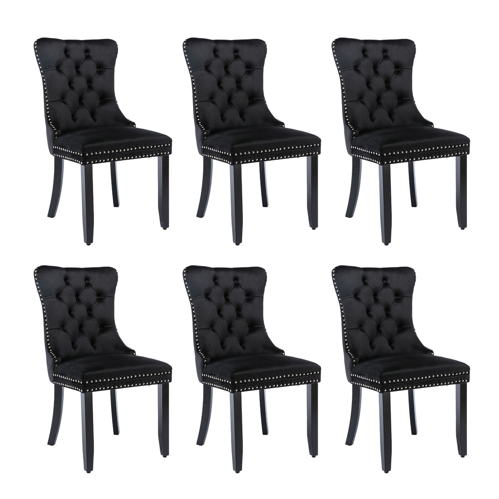 Modern Set of 6 Upholstered Velvet Dining Chairs, Button Tufted Kitchen Lounge Chairs with Solid Wood Legs, Riveted Trim and Knocker Ring, for Dining Room Living Room, Black