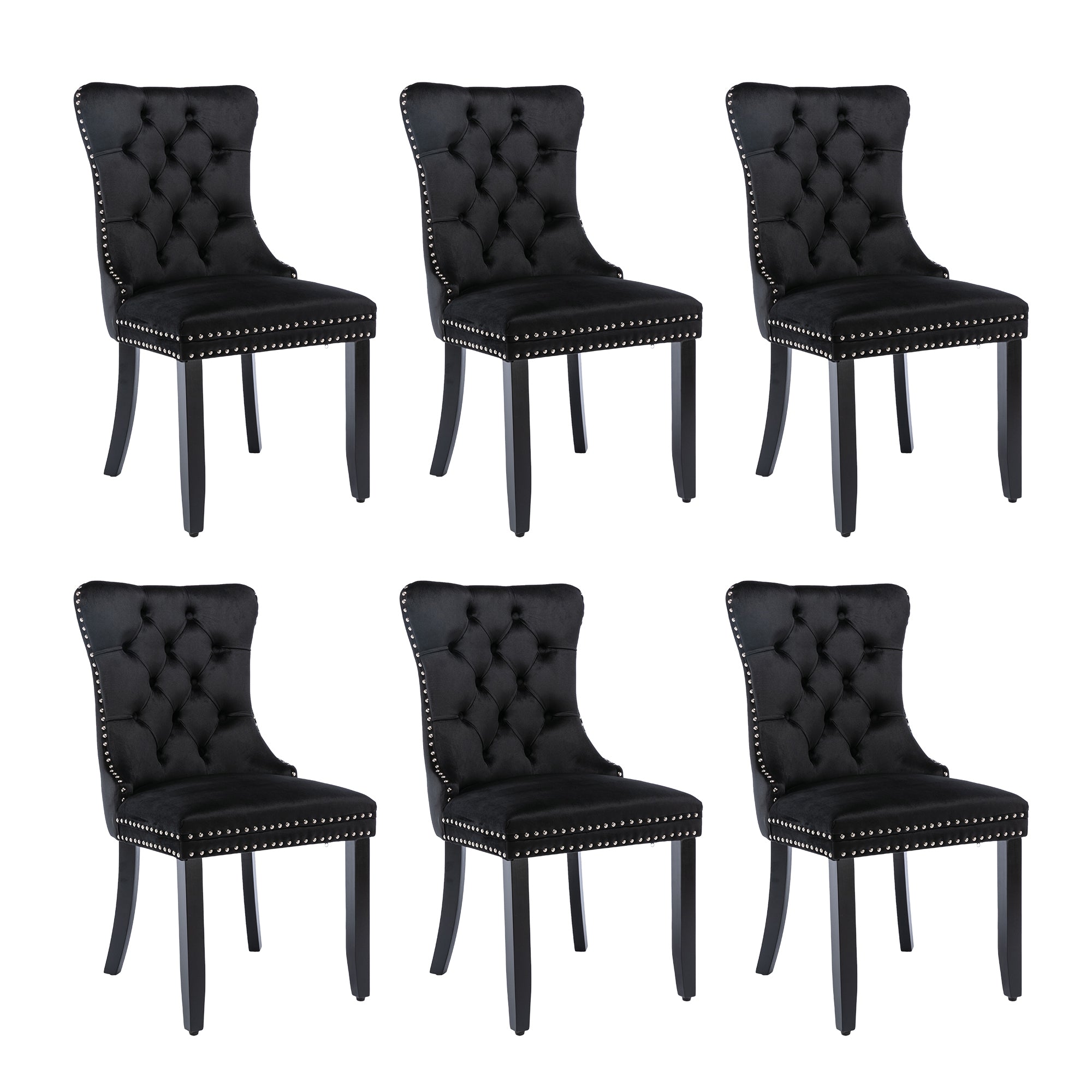 Modern Set of 6 Upholstered Velvet Dining Chairs, Button Tufted Kitchen Lounge Chairs with Solid Wood Legs, Riveted Trim and Knocker Ring, for Dining Room Living Room, Black