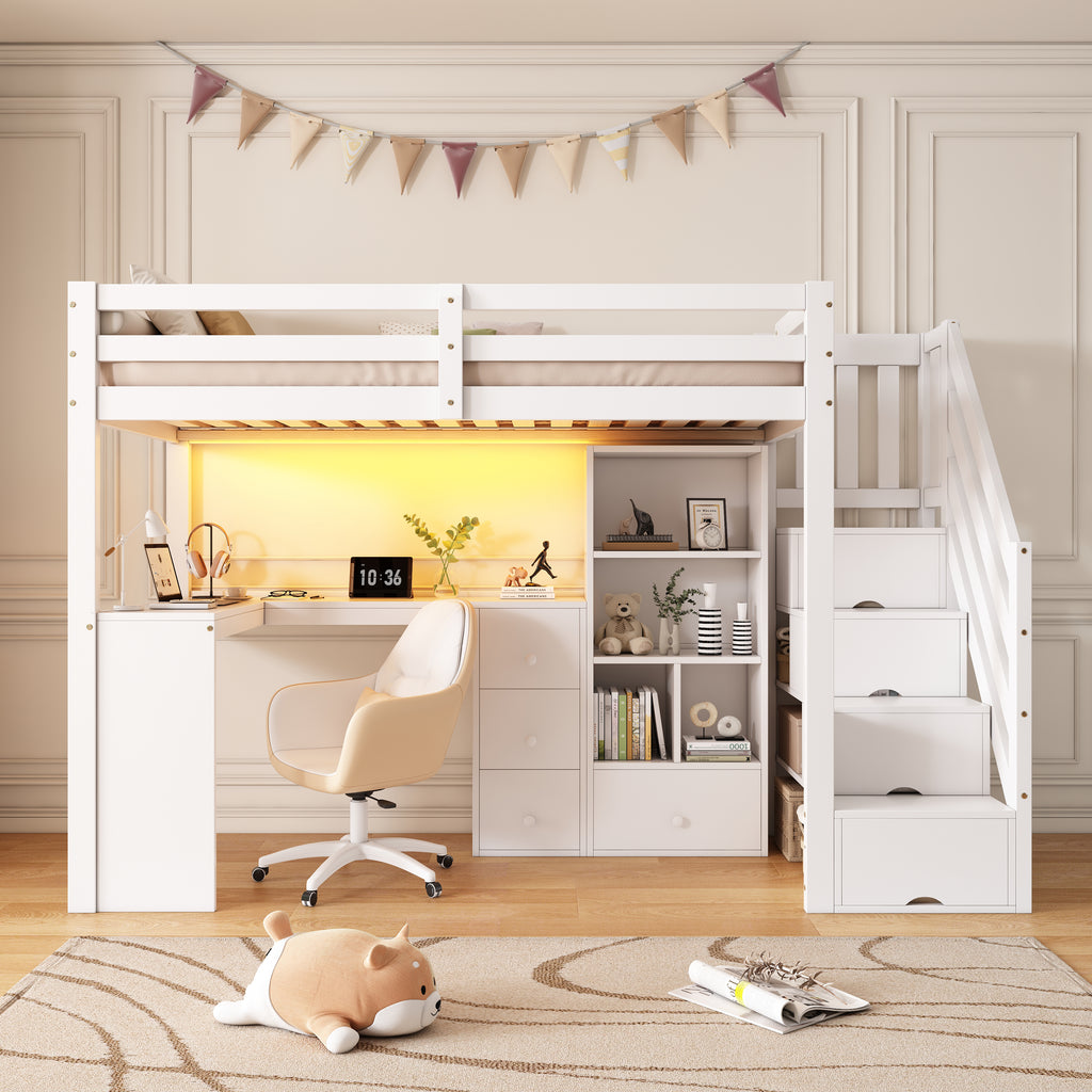 3ft Single Loft Bed with L-Shaped Desk & Storage Stairs, Wooden Bed Frame with Smart RGB LED Lights, Integrated Drawers & Individual Storage Locker, Modern Space-Saving Solution, White (No Mattress)