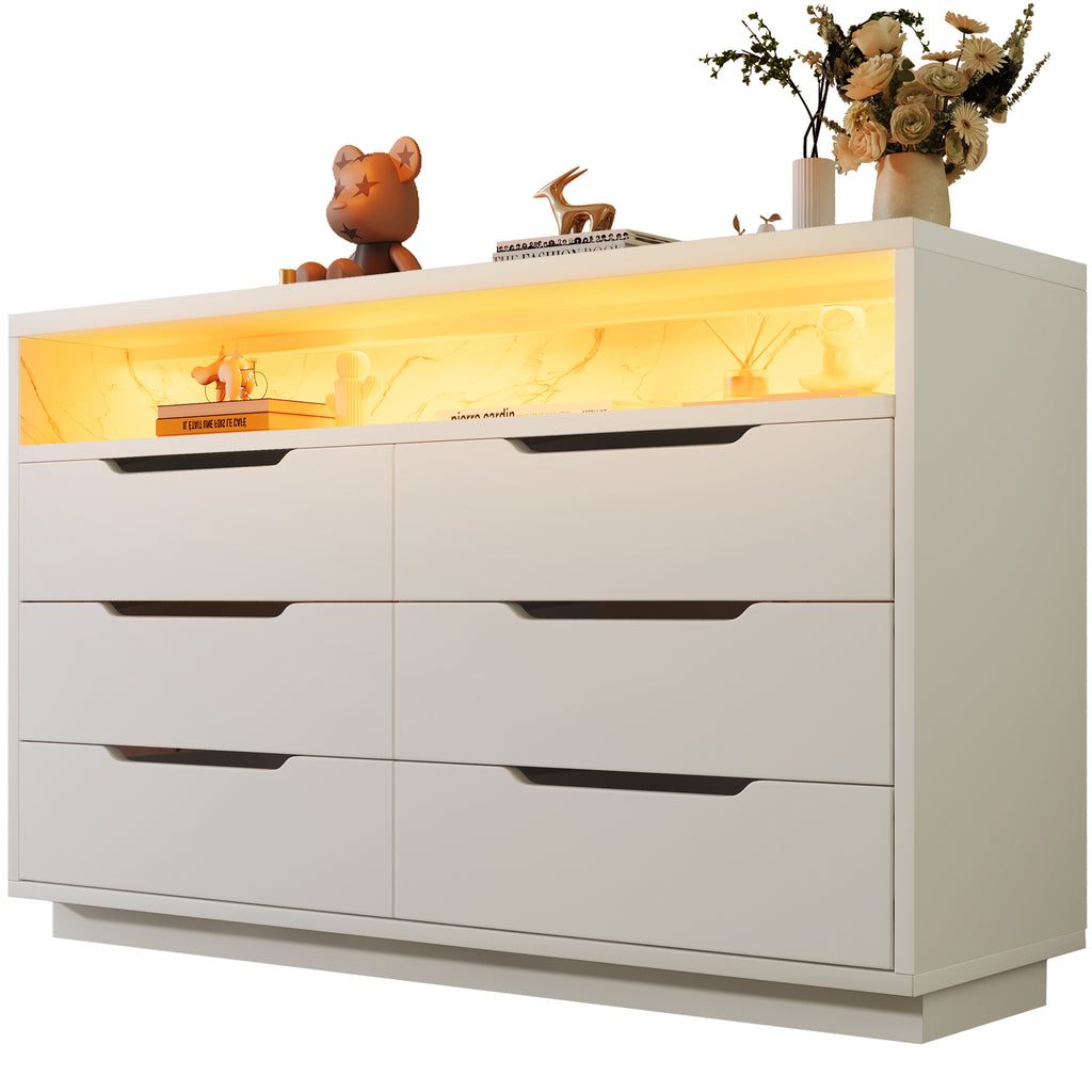 Marbled 6-Drawer Sideboard, Modern Storage Cabinet with RGB LED Lighting & Shelves, Chest of Drawers for Living Room Home Office, 85 x 120 x 40 cm, White