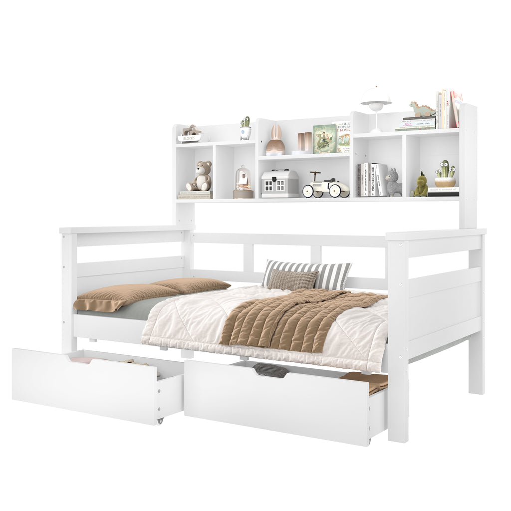 3ft Single Beds for Kids with Two Storage Drawers and Bookcase headboard, Wooden Bed Frame with Storage and Guardrail, Space-Saving Design for Bedroom, Dorm and Study Room, White (No Mattress)