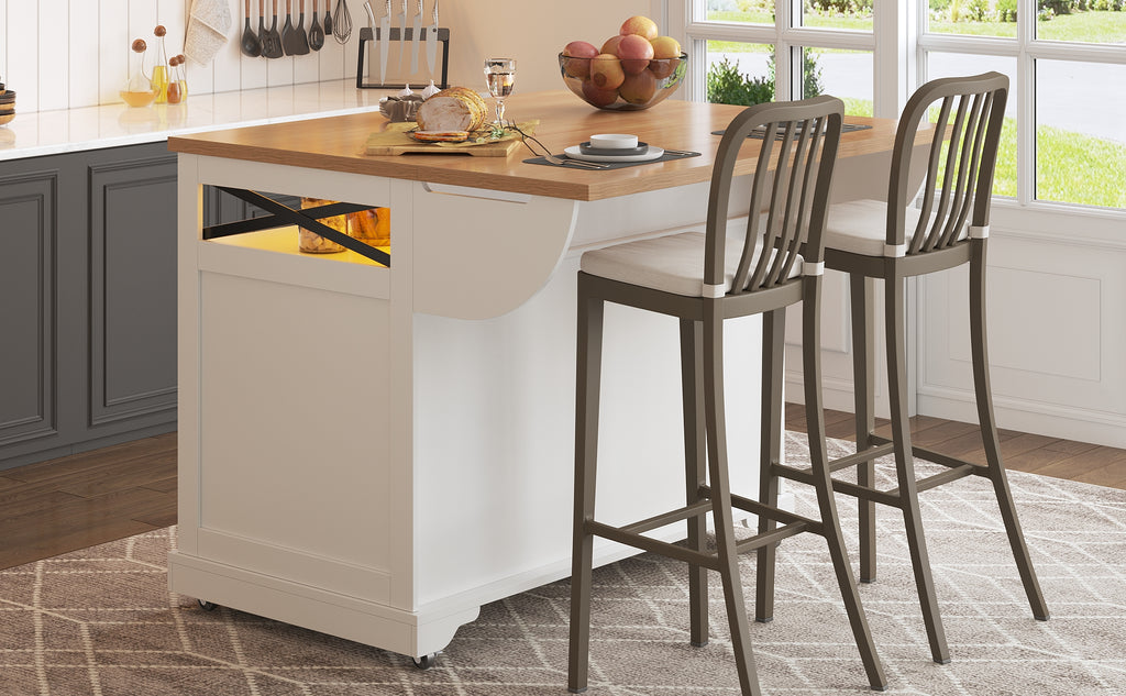 Serving Cart Kitchen Rollable with Drop-Leaf Table & App LED Lighting, Snack Shelves, Multifunctional as Kitchen Island Mobile Bar Side Table, Modern Kitchen Island, Kitchen Cabinet, Dining Table