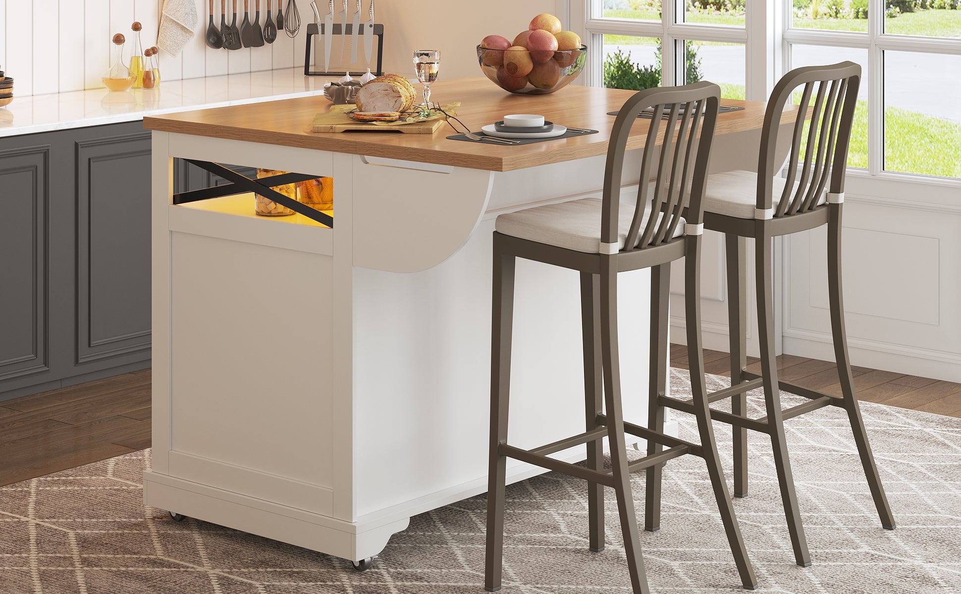 Serving Cart Kitchen Rollable with Drop-Leaf Table & App LED Lighting, Snack Shelves, Multifunctional as Kitchen Island Mobile Bar Side Table, Modern Kitchen Island, Kitchen Cabinet, Dining Table