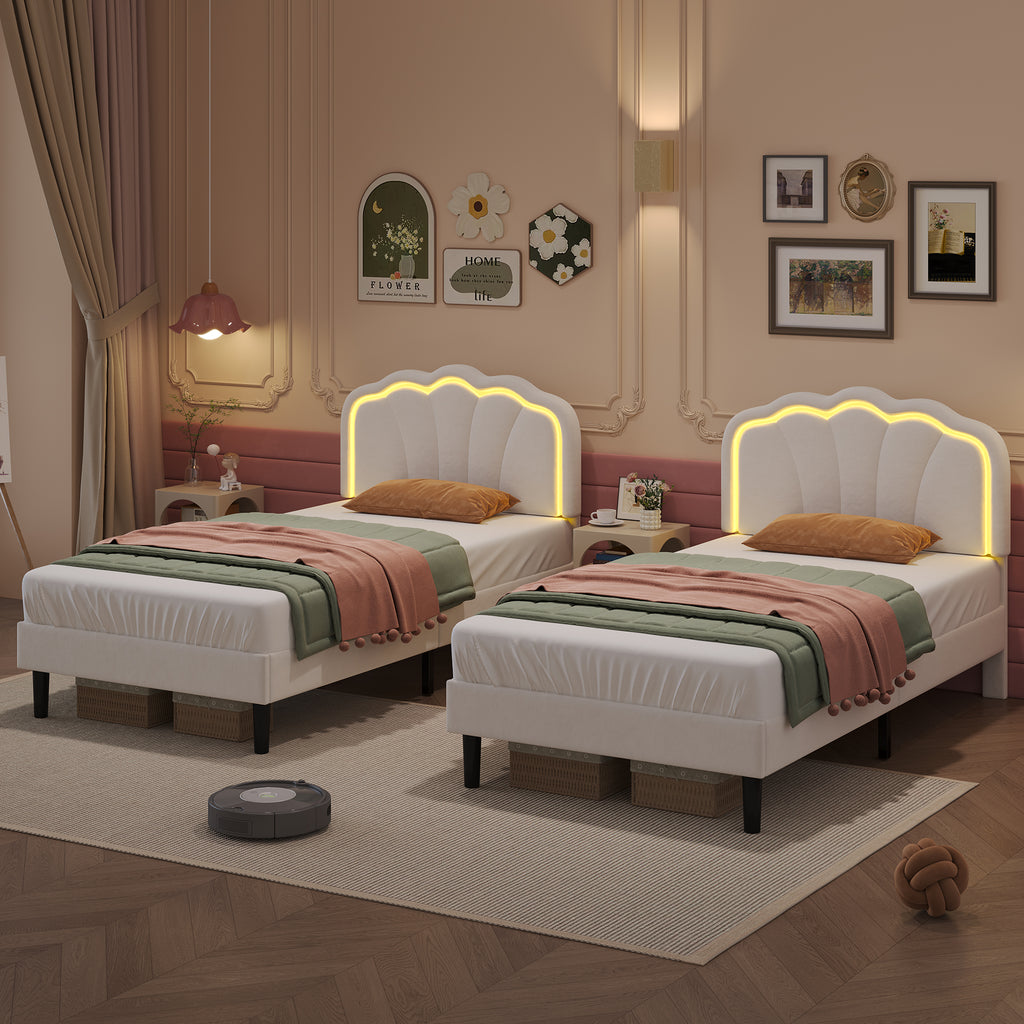 3ft Single Upholstered Bed with LED Adjustable Shell Shape Headboard, Soft Velvet Bed Frame with Solid Wood Slat, No Box Spring Needed, Easy Assembly, Cream White (No Mattress)