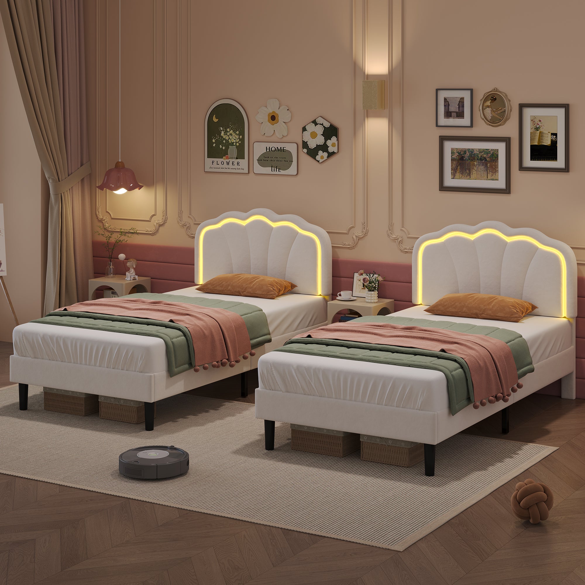 3ft Single Upholstered Bed with LED Adjustable Shell Shape Headboard, Soft Velvet Bed Frame with Solid Wood Slat, No Box Spring Needed, Easy Assembly, Cream White (No Mattress)