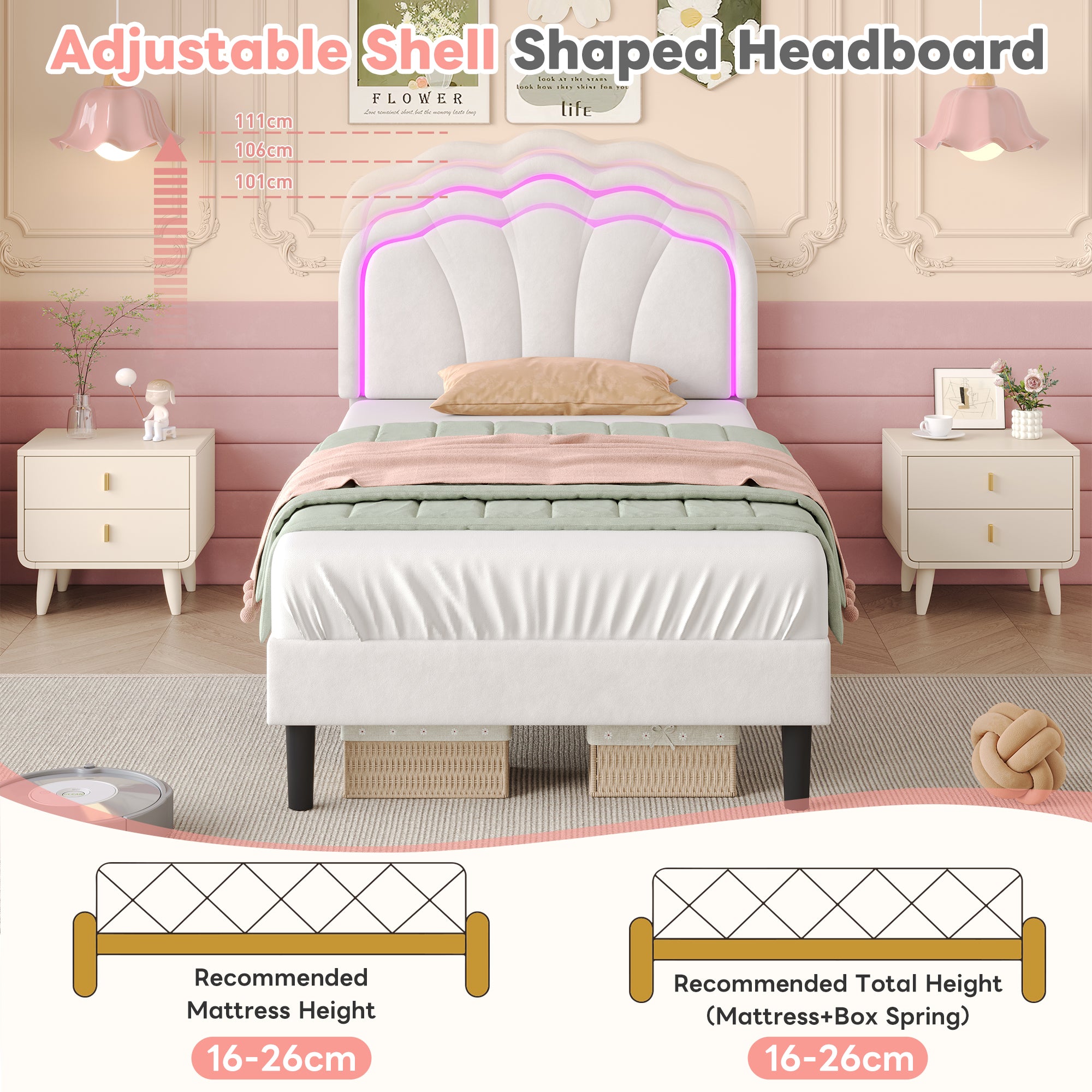 3ft Single Upholstered Bed with LED Adjustable Shell Shape Headboard, Soft Velvet Bed Frame with Solid Wood Slat, No Box Spring Needed, Easy Assembly, Cream White (No Mattress)
