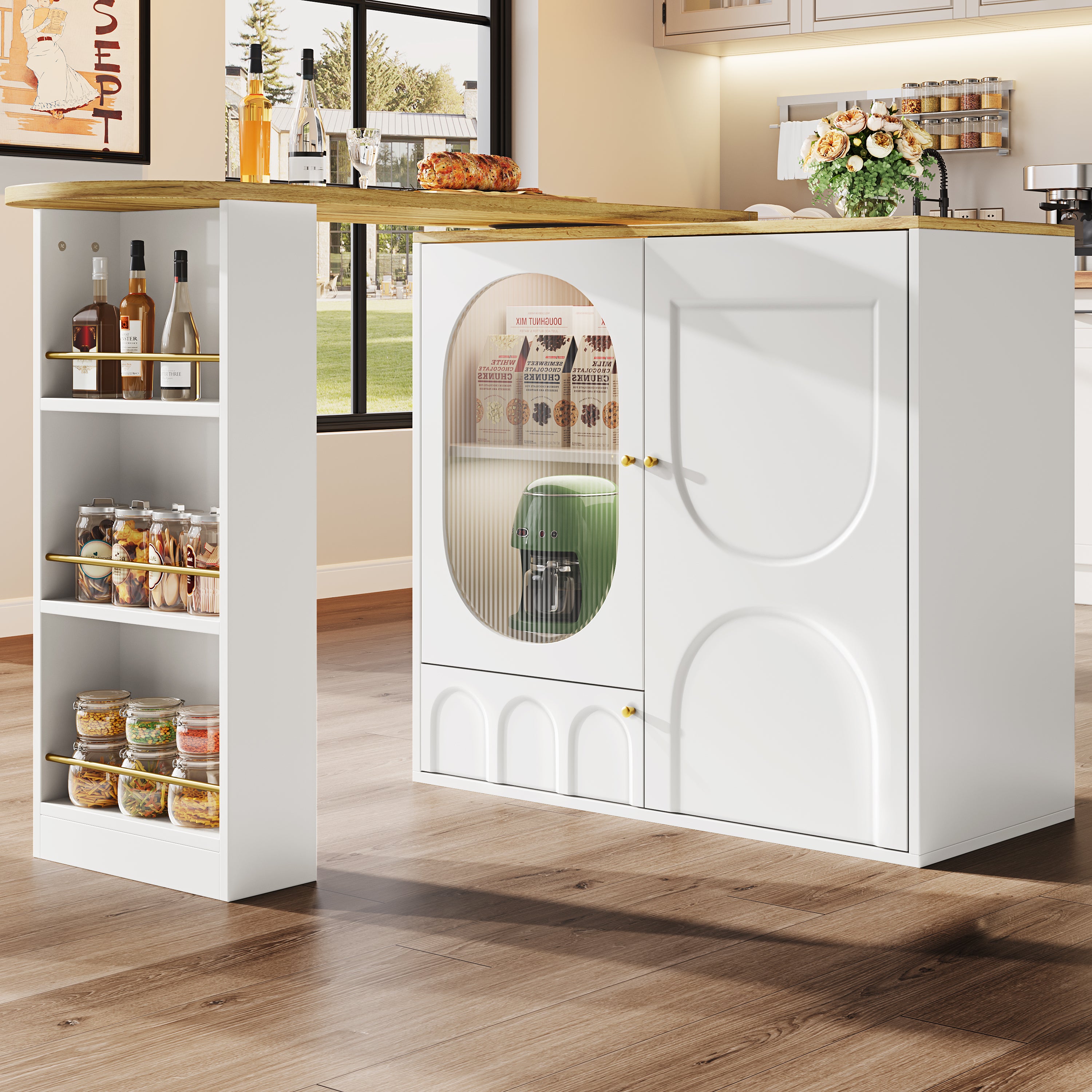 360° rotating bar table (body 138 x 39 x 105 cm), coffee bar furniture, rotating dining table with storage space, kitchen island, two doors with shelves, sideboard, buffet, white