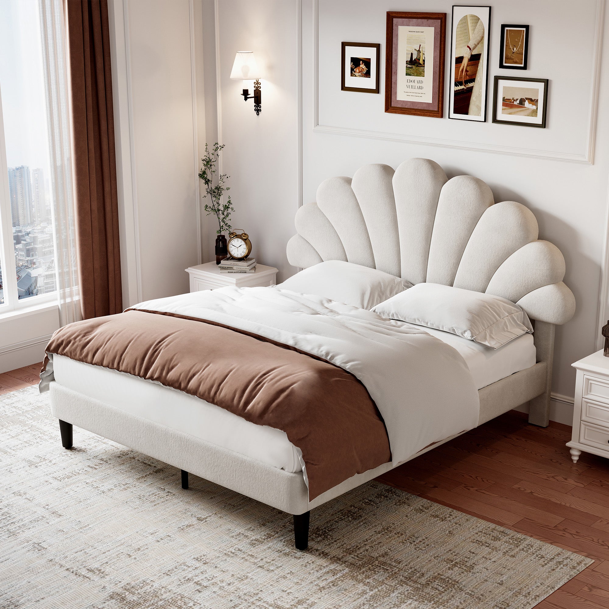4ft6 Double Upholstered Velvet Bed Frame, with Adjustable Chic Petal Headboard, Velvet Platform Bed Frame with Solid Wood Slat, No Box Spring Needed, Easy Assembly, Beige