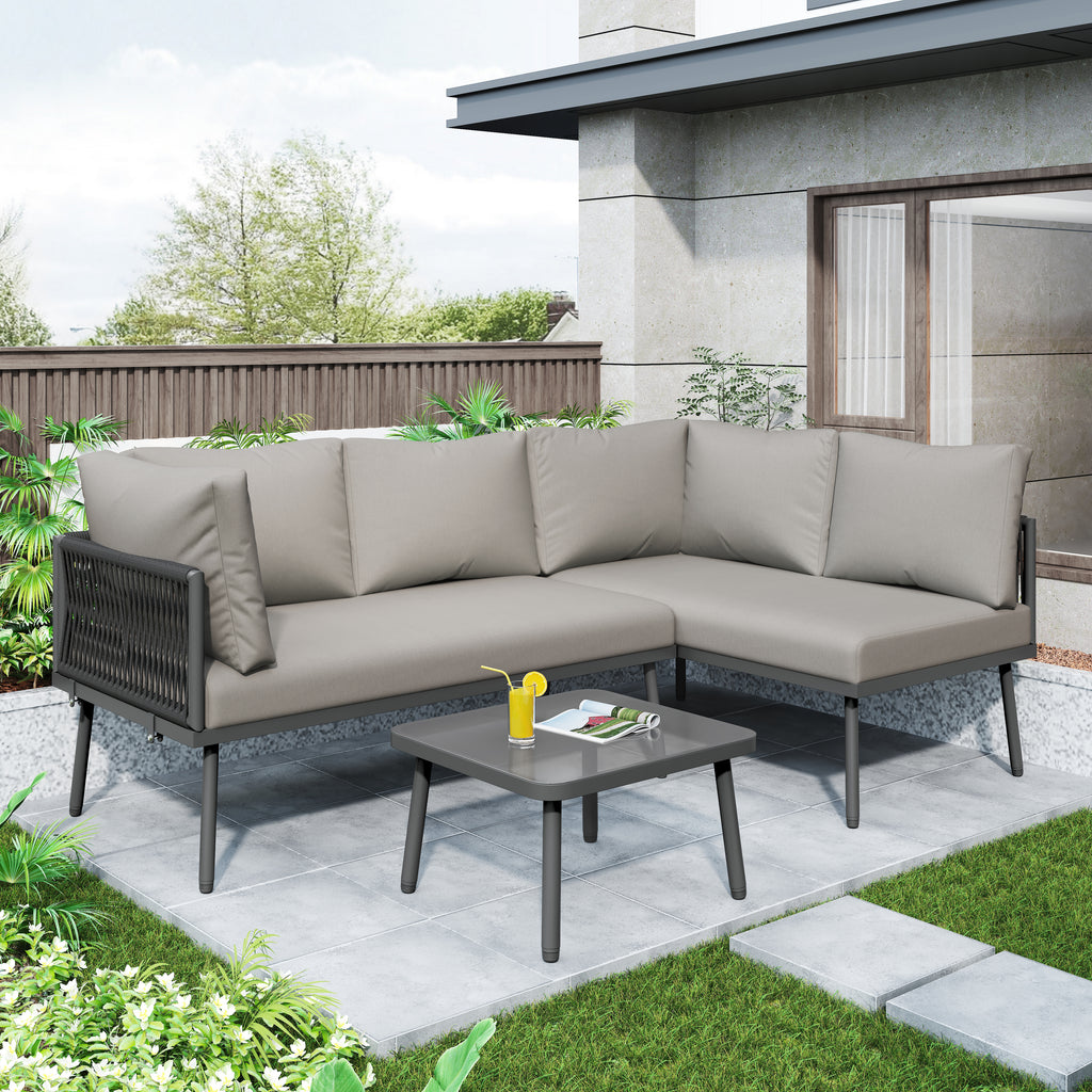 Outdoor Patio&Backyard Furniture Garden Lounge Set for 4-5 people, Thick Quality Space Saving L-Shaped Corner Sofa with Glass Coffee Table, Grey