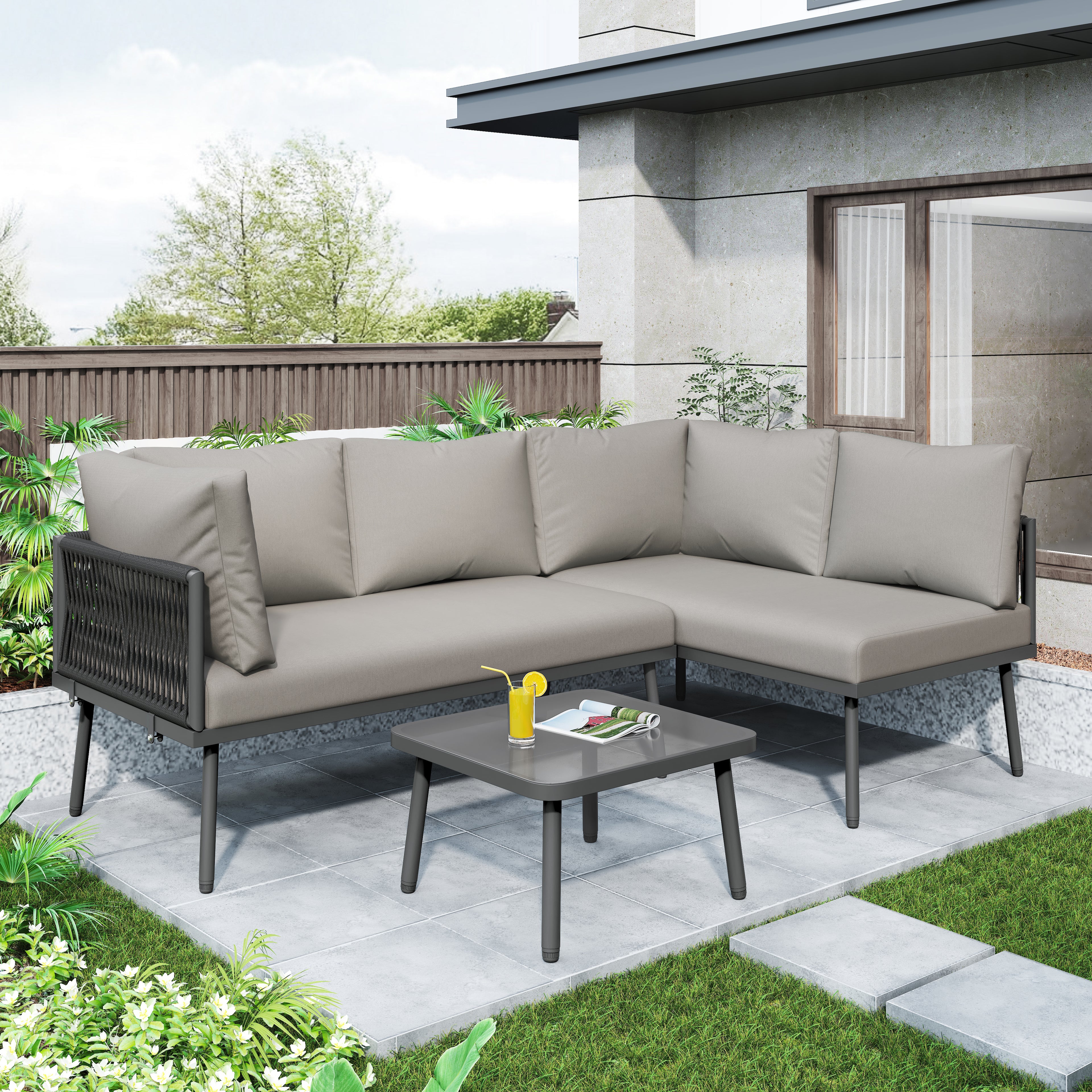 Outdoor Patio&Backyard Furniture Garden Lounge Set for 4-5 people, Thick Quality Space Saving L-Shaped Corner Sofa with Glass Coffee Table, Grey
