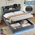 4ft6 Double Upholstered Bed Frame with Hydraulic Storage,  LED X-Shape Headboard with Charging Station and Flip-top Headboard Storage, USB and Type - C Ports, Linen, Grey (No Mattress)