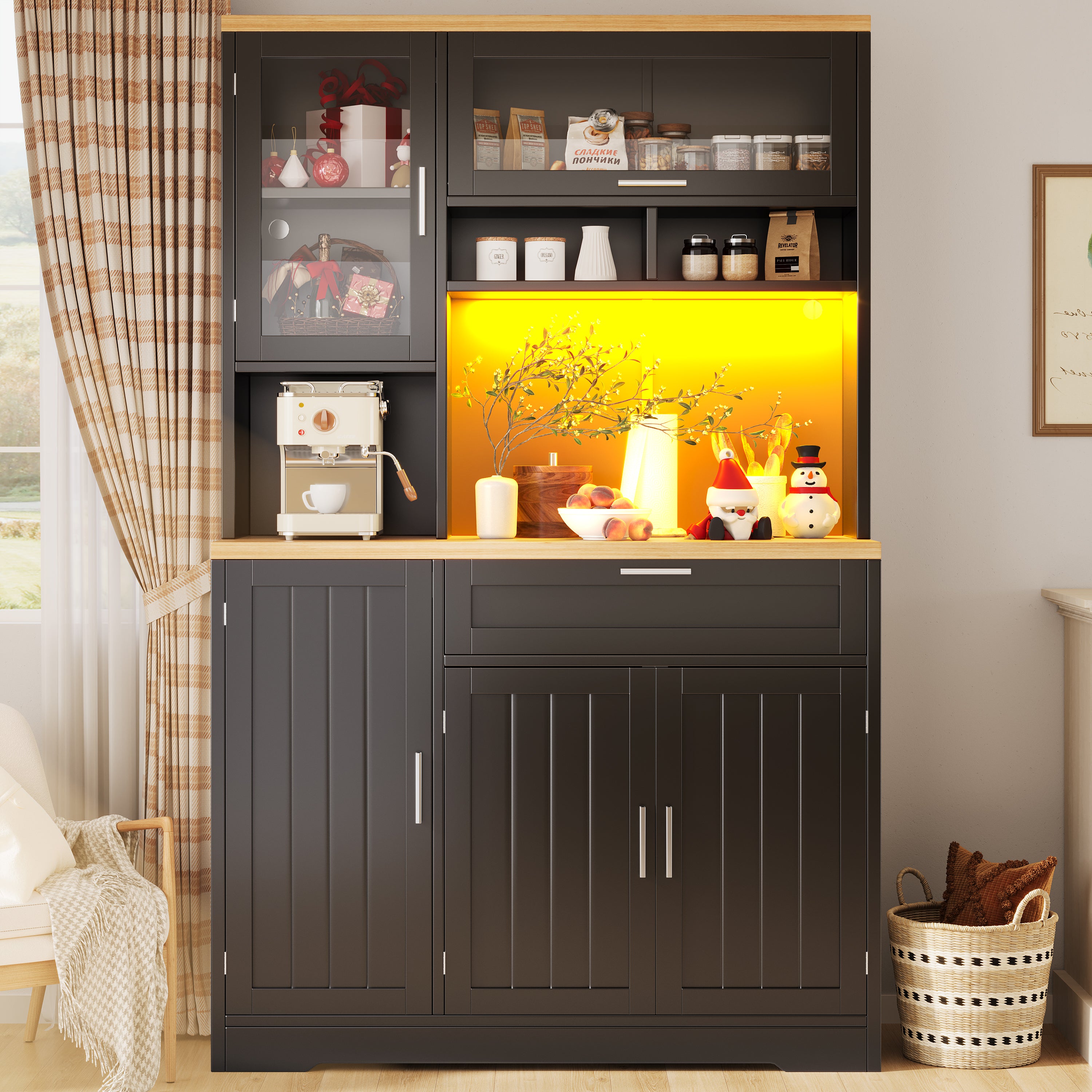 Tall Display Cabinet with LED Lighting - 104x40x180 cm Kitchen & Living Room Storage, White/Black