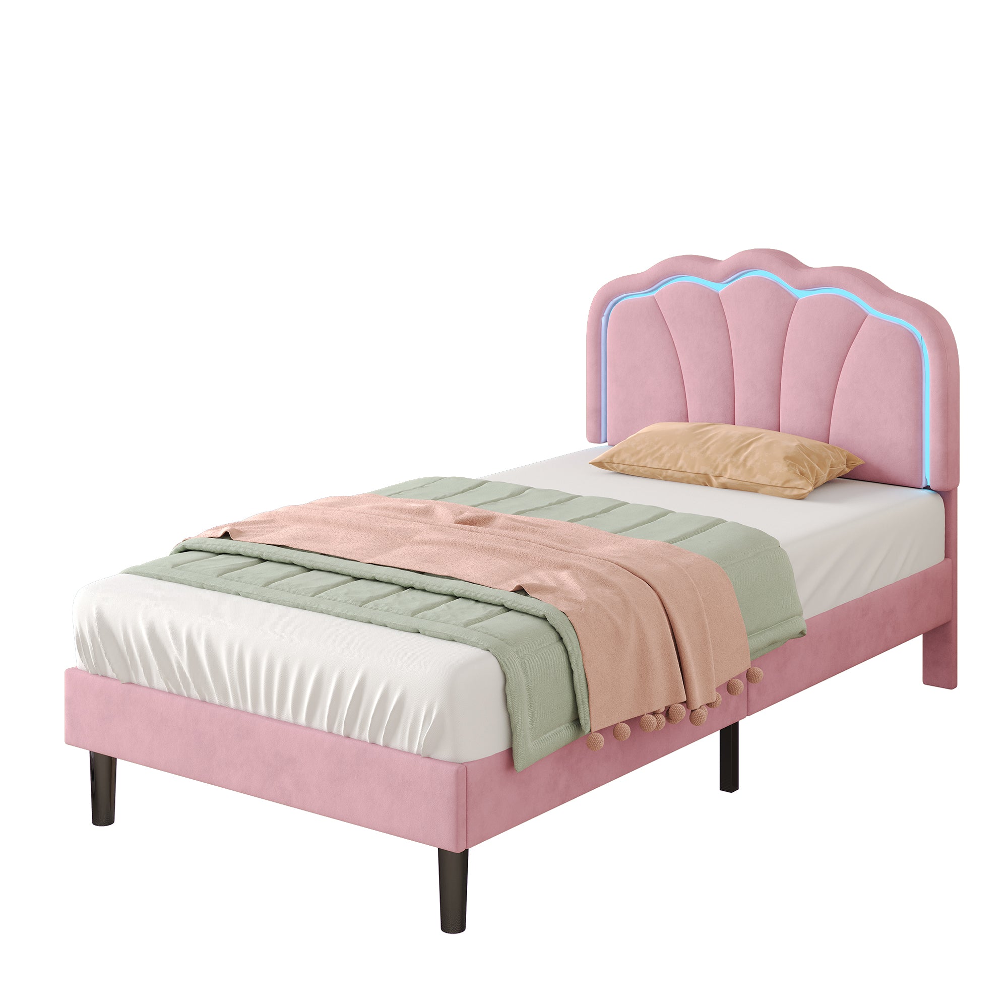 3ft Single Upholstered Bed with LED Adjustable Shell Shape Headboard, Soft Velvet Bed Frame with Solid Wood Slat, No Box Spring Needed, Easy Assembly, Pink (No Mattress)