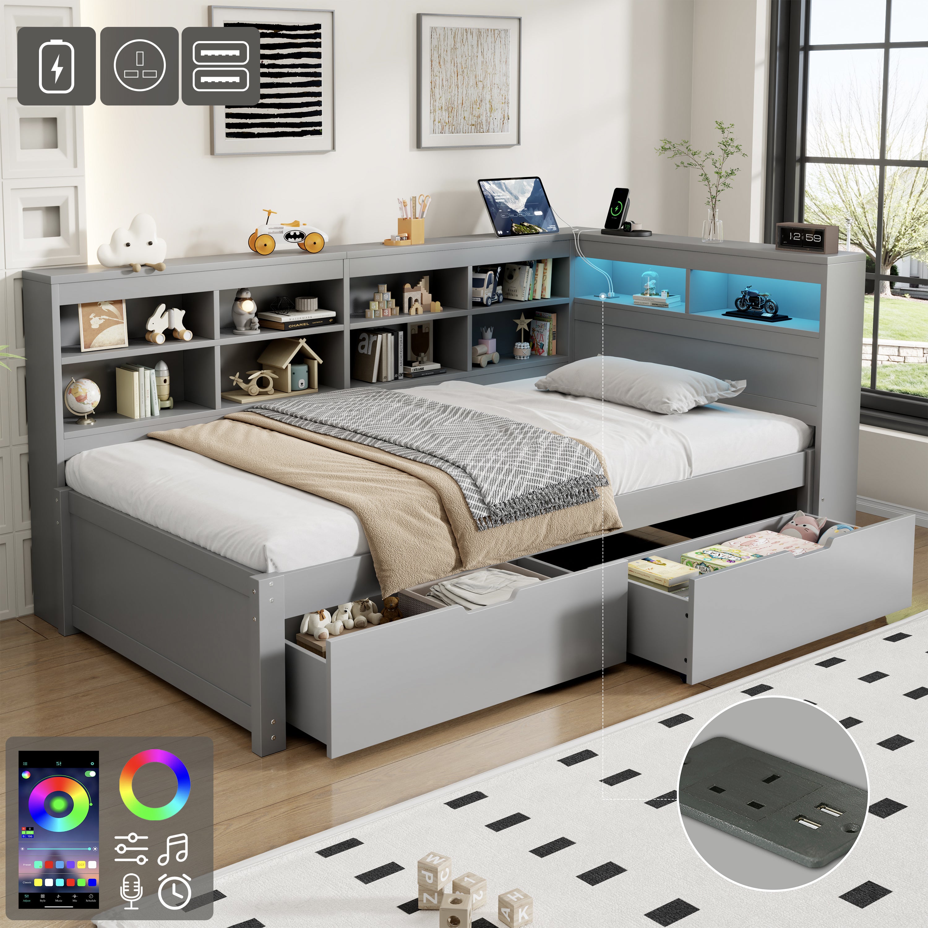 3ft Single Daybed with Two Storage Drawers and Beside Storage, LED Modern Bed frame with Charging Station, Wood Bed for Living Room/ Bedroom/ Study Room, 90X190cm, Easy Assembly, Grey (No Mattress)