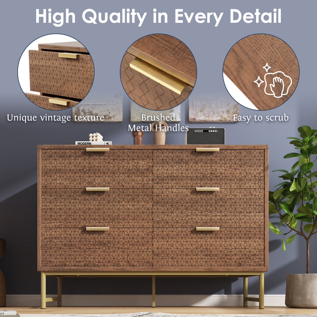 Embossed Design Sideboard Cabinet Dresser with 6 Drawers,  Anti-tip,  Sideboard for  Living Room, Hallway, Bedroom, and Children's Room, 120 x 40 x 75 cm, Walnut