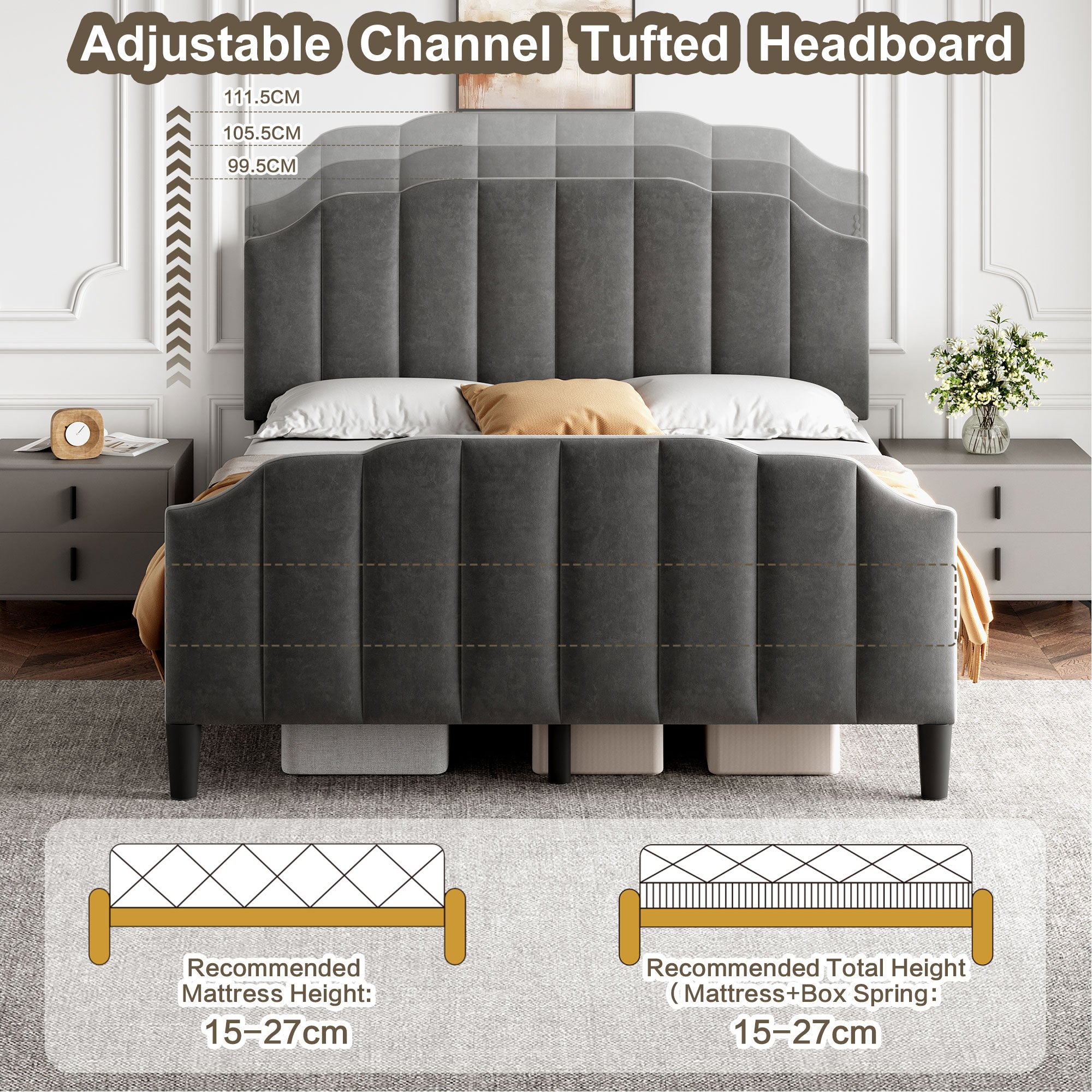 4ft6 Double Upholstered Bed Frame with Adjustable Chic Channel-Tufted Headboard, Velvet Platform Bed Frame with Solid Wood Slat and Mute Foam, No Box Spring Needed, Easy Assembly, Grey (No Mattress)