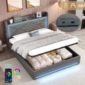 4ft6 Double Upholstered Bed Frame with Hydraulic Storage,  Linen Ottoman Bed with LED Lighting and Charging Station, USB and Type - C Ports, No Box Spring Needed, Grey (No Mattress)