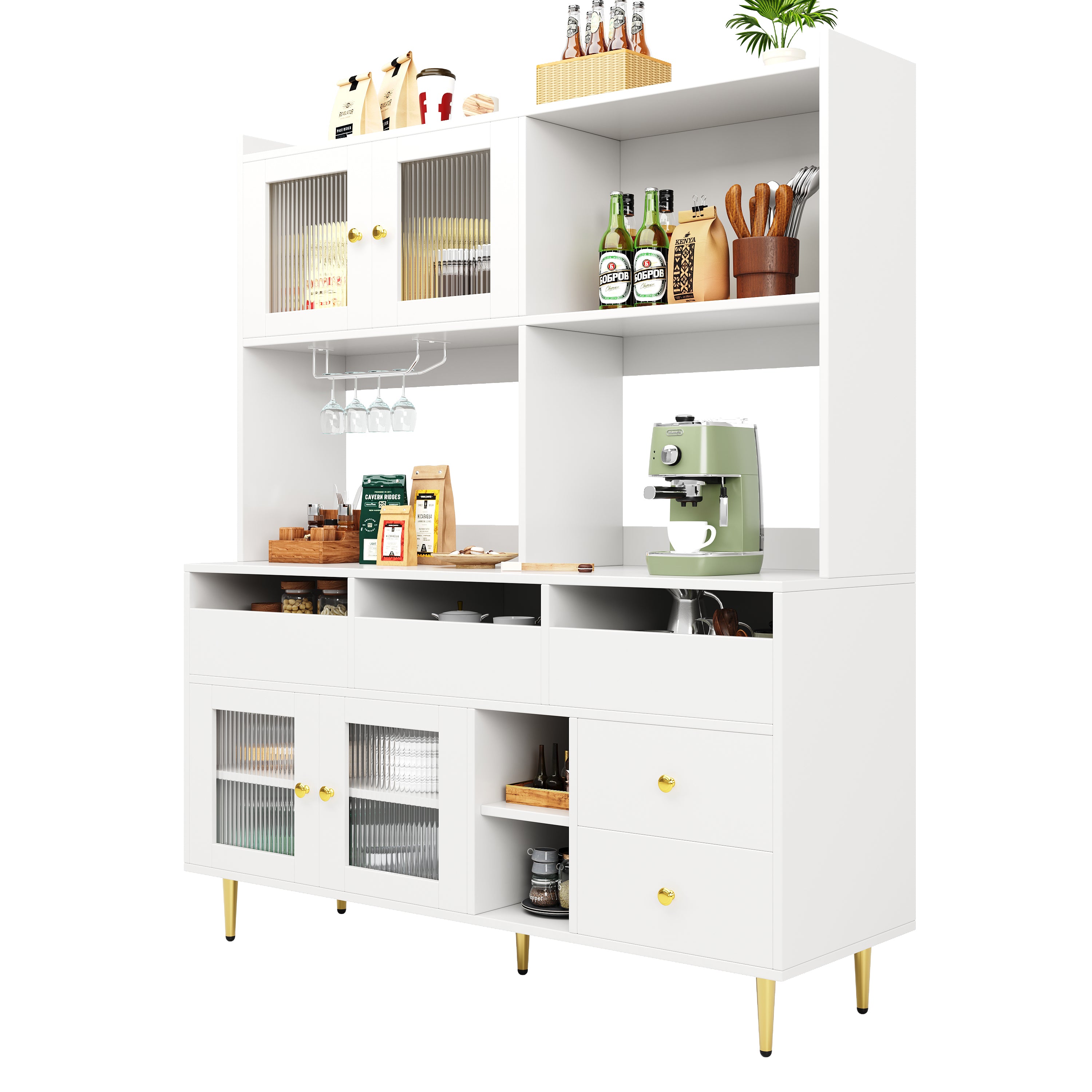 Multi-purpose Storage Cabinet(145 x 39 x 171 cm), Modern design, with Changhong glass door, Wine glass holder, Multi-layered storage space, White with gold decoration, Suitable for home and restaurant