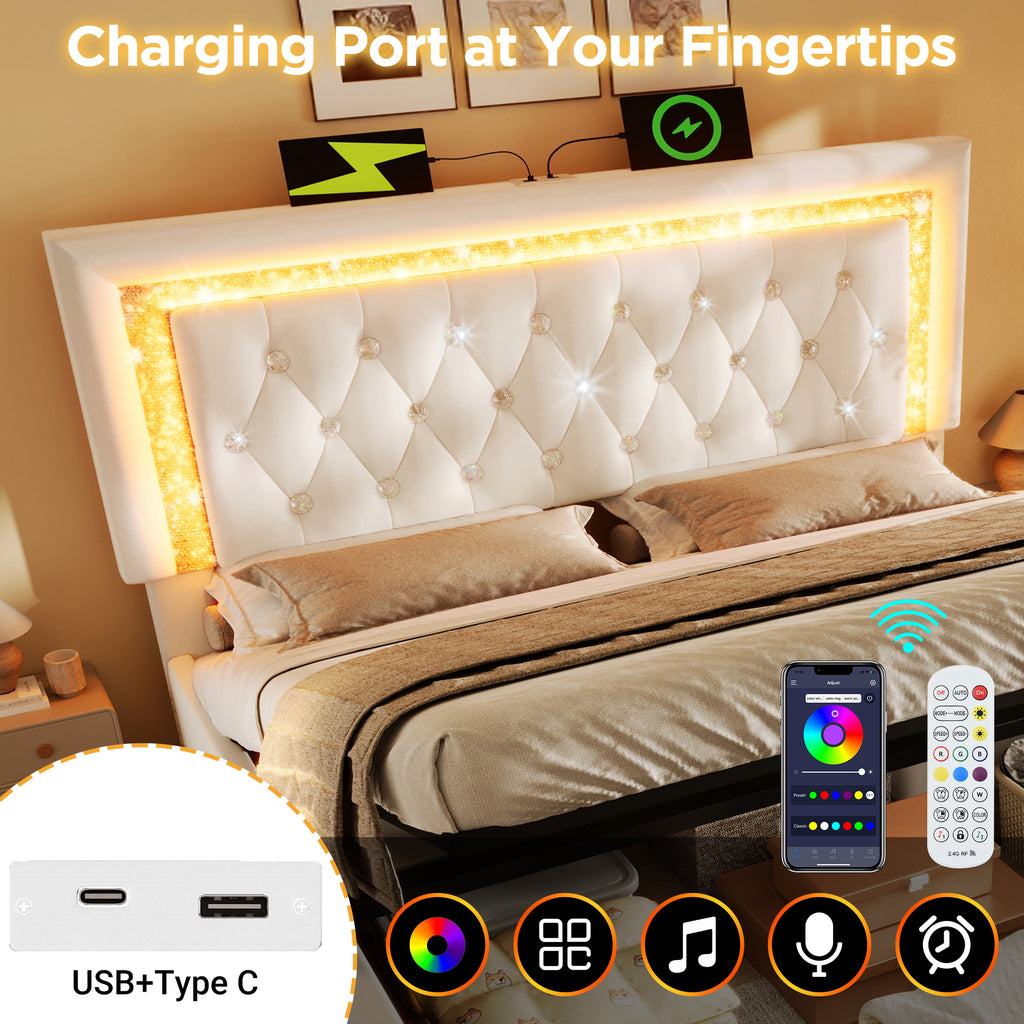 Upholstered Double Bed 135 x 190 cm with LED Lighting, USB Type-C Charging, 4ft6 Hydraulic Storage Bed with Adjustable Diamond Tufted Headboard, Velvet, Beige (No Mattress)