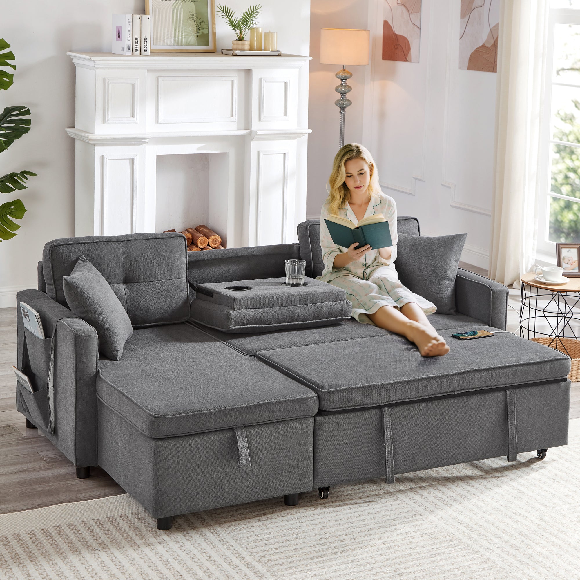 L-Shaped Pull Out Sleep Sofabed, Modern Reversible Sleeper Sectional Sofa, 3 in 1 Convertible Sofa Bed with Storage Chaise, Drop-Down Table, Cup Holders and Charging Ports (USB & Type-C), Grey