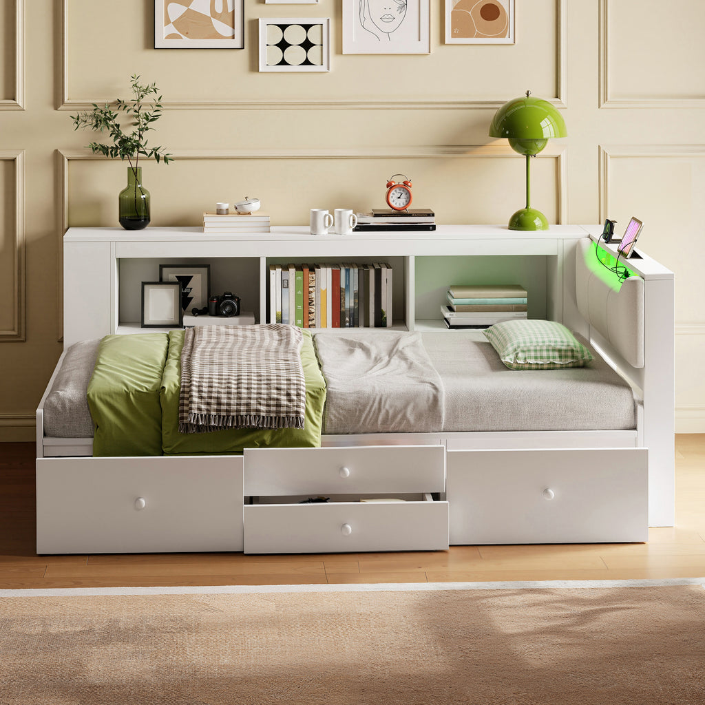 3ft Single Tatami Wooden Bed Frame with Underbed Storage and Drawers, LED Linen Headboard with Charging Station and Concealed Headboard Storage, Bedside Bookshelf Compartment, White (No Mattress)