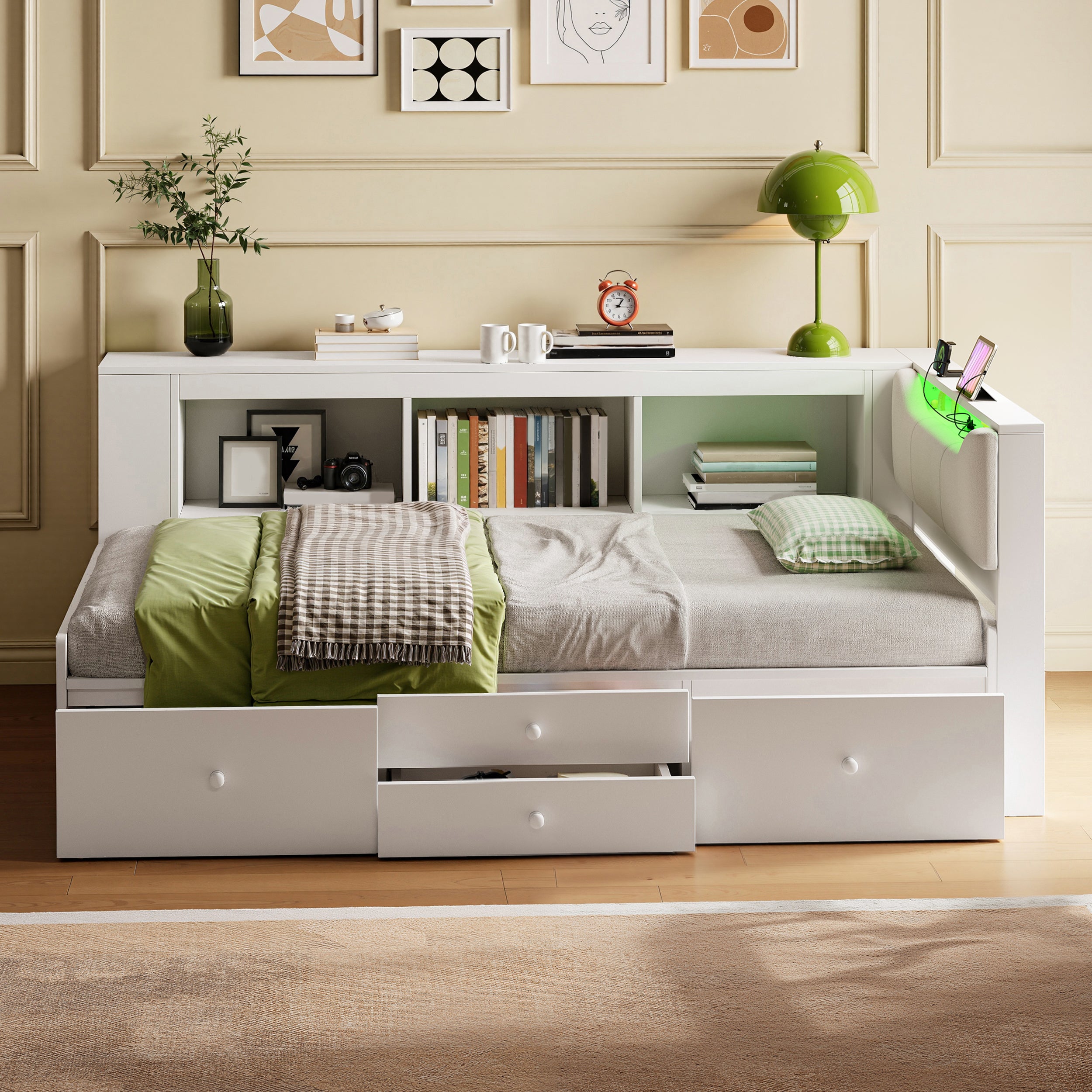 3ft Single Tatami Wooden Bed Frame with Underbed Storage and Drawers, LED Linen Headboard with Charging Station and Concealed Headboard Storage, Bedside Bookshelf Compartment, White (No Mattress)