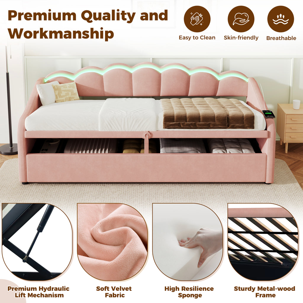 Upholstered Bed 90x190cm, Daybed, RGB LED Sofa Bed with Charging Station, 3ft Petal Shape Single Bed with Hydraulic Storage for Living Room/ Bedroom/ Study Room, Velvet, Pink (No Mattress)