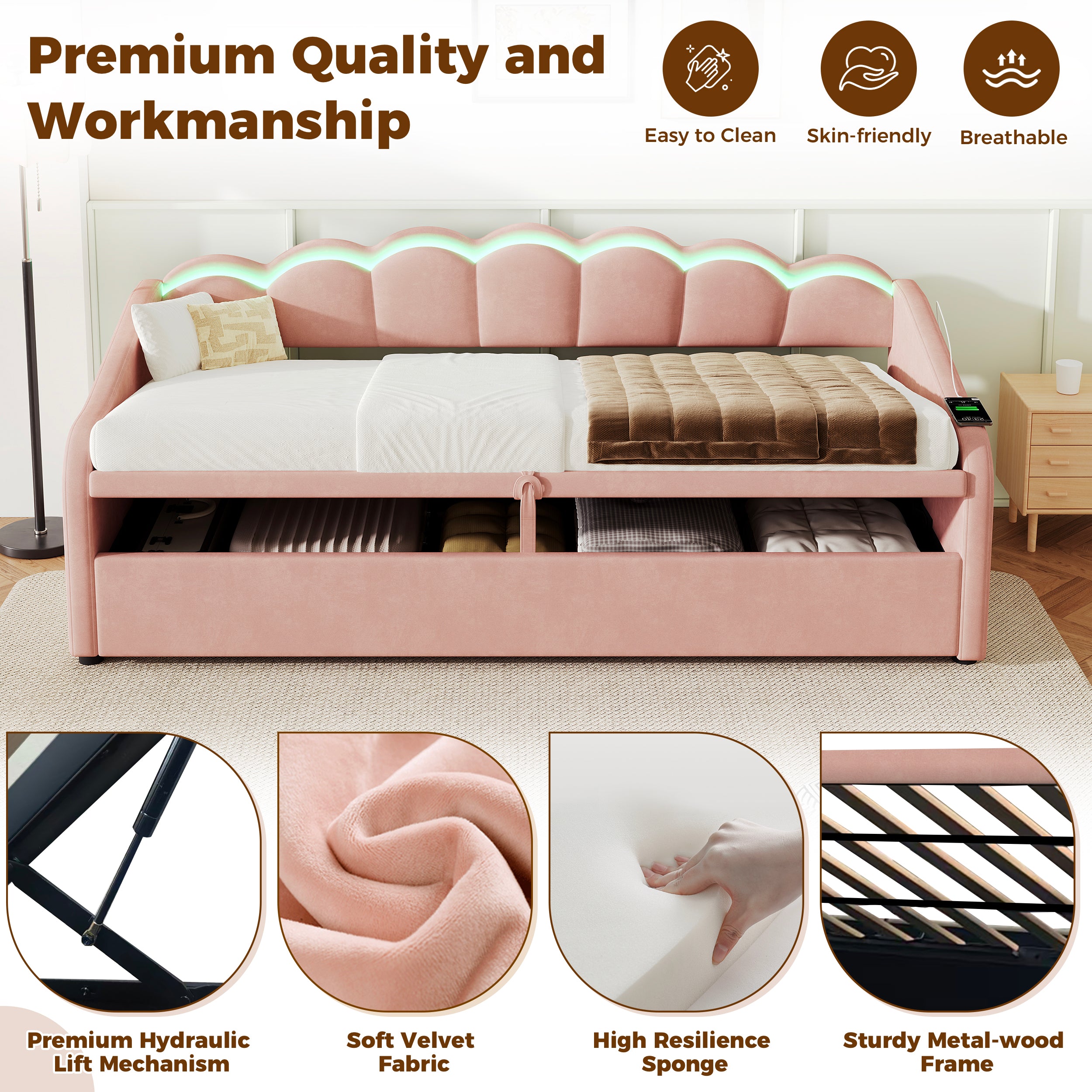 Upholstered Bed 90x190cm, Daybed, RGB LED Sofa Bed with Charging Station, 3ft Petal Shape Single Bed with Hydraulic Storage for Living Room/ Bedroom/ Study Room, Velvet, Pink (No Mattress)