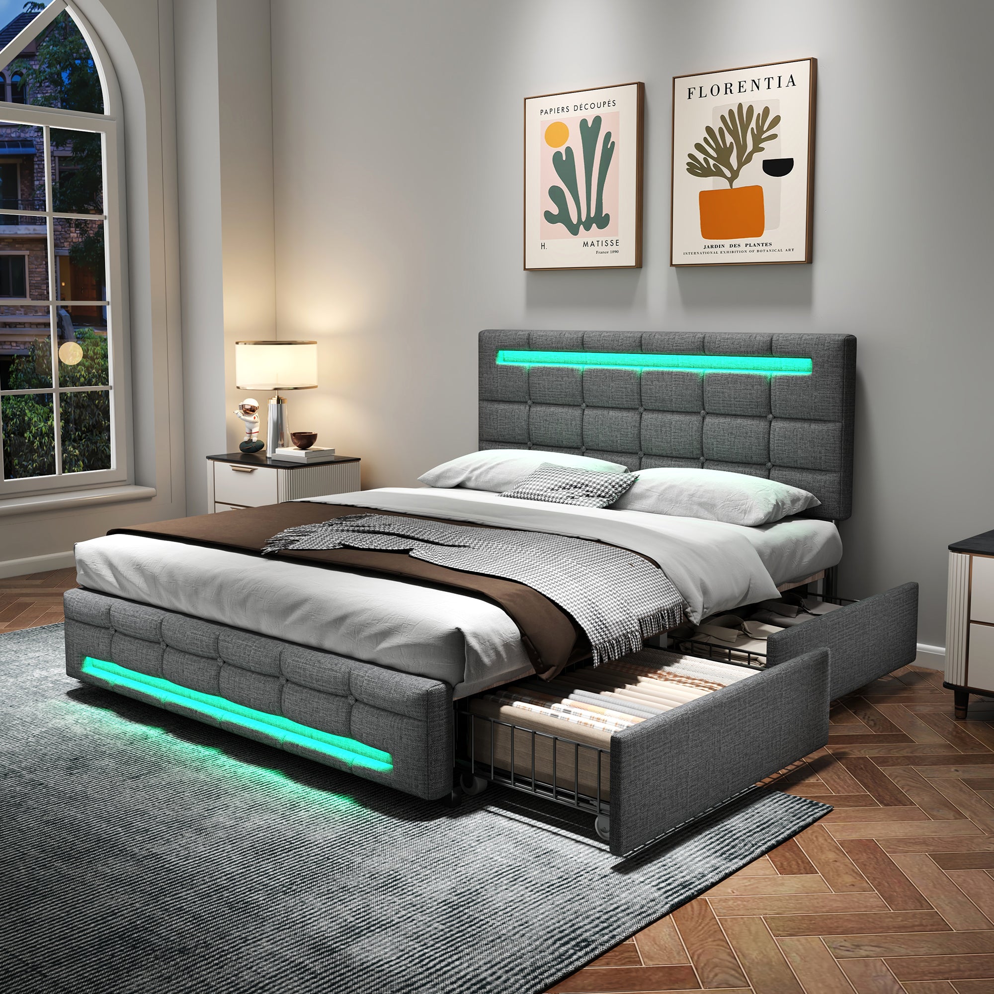 4ft6 Double Upholstered Bed with LED Lighting and Storage Drawers, Linen Fabric Storage Bed Frame with Adjustable Button Tufted Headboard, No Box Spring Needed, Easy Assembly, Grey (No Mattress)