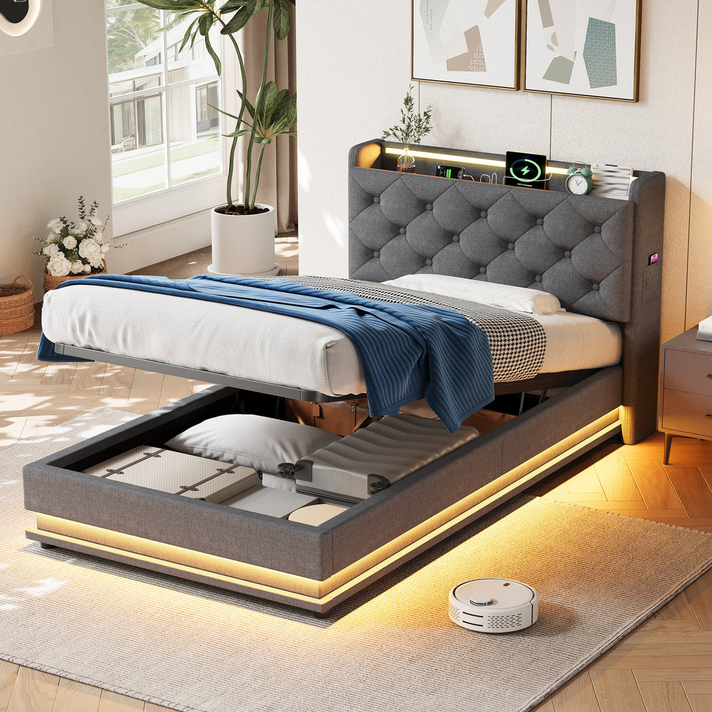 3ft Single Upholstered Bed Frame with Hydraulic Storage, LED Button Tufted Headboard with Charging Station and Concealed Headboard Storage, USB and Type-C Ports, Linen, Grey (No Mattress)