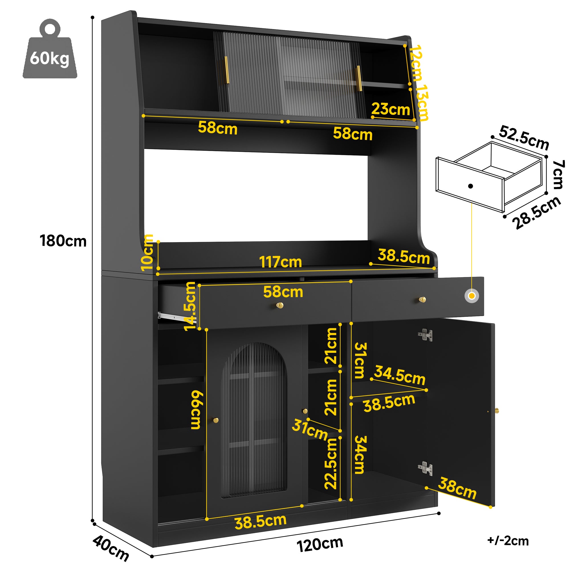 Kitchen Cabinet(120*40*180cm), Tall Cabinet, Display Cabinet, Buffet Cabinet with Adjustable Shelves, Dining Room Cabinet with 2 Drawers, Sideboard with LED Lighting, Variable Light Colors, Black