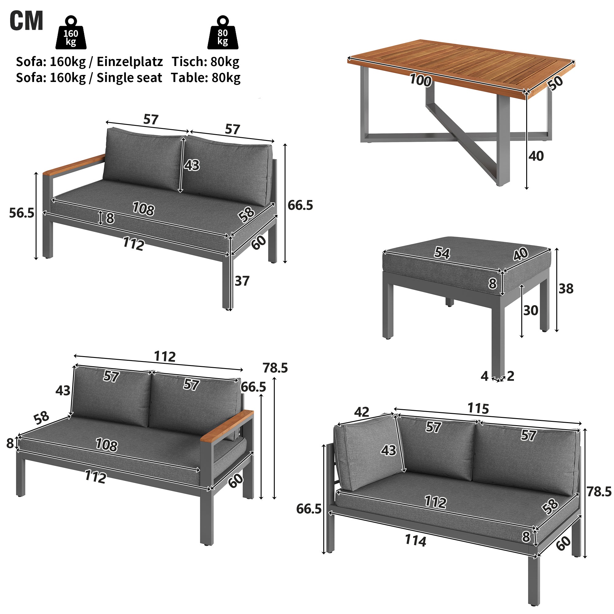Outdoor Patio&Backyard Furniture Garden Lounge Set for 7-8 people, Thick Quality Space Saving L-Shaped Corner Sofa with Wooden Coffee Table and 2 Stool Table Box, Grey