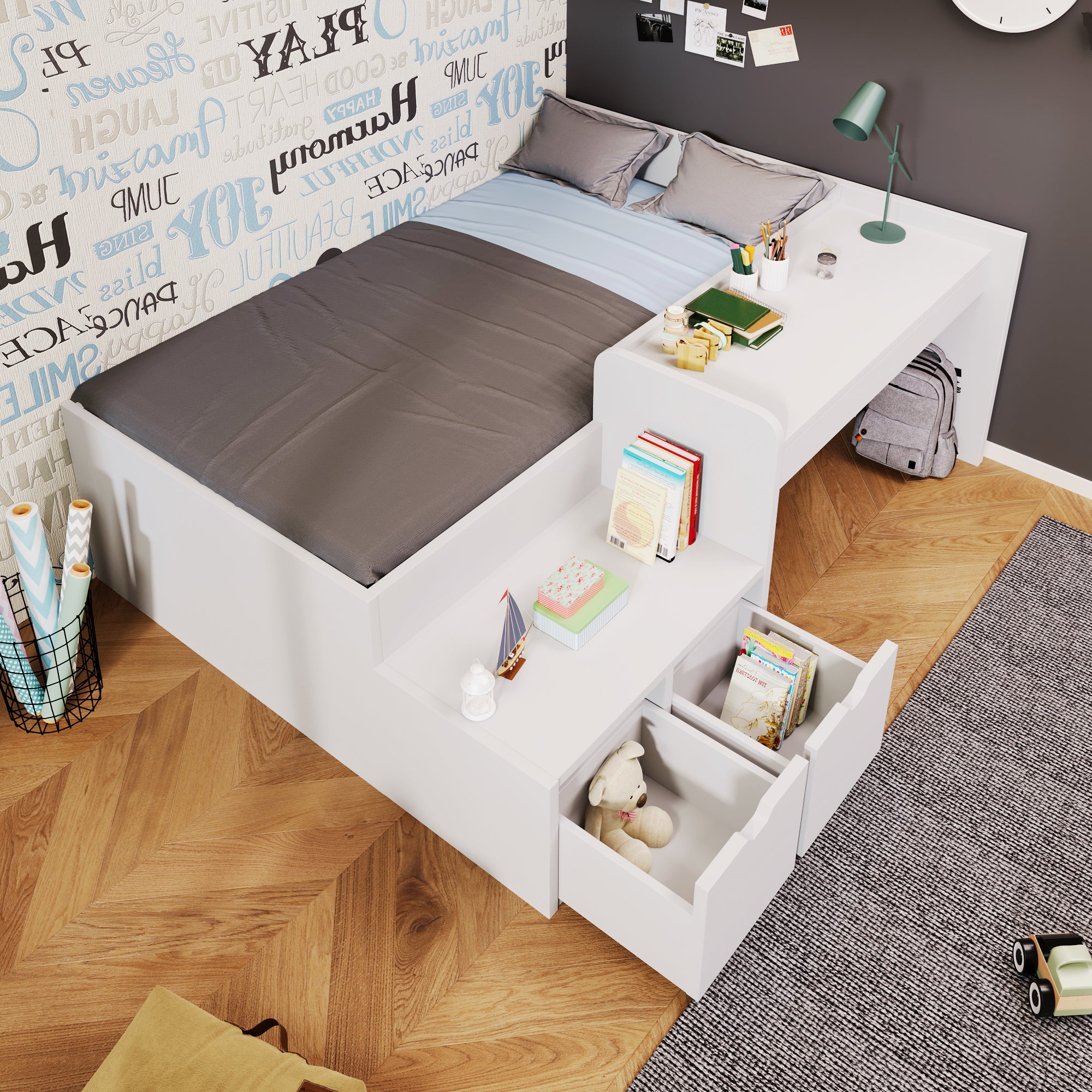 Kids Single Bed with Desk and Drawers, 90 x190 cm, White, 3ft Kids Wooden Bed with Storage, Single Bed with Slatted Frame, Lying Surface for Teenagers & Adults (No Mattress)