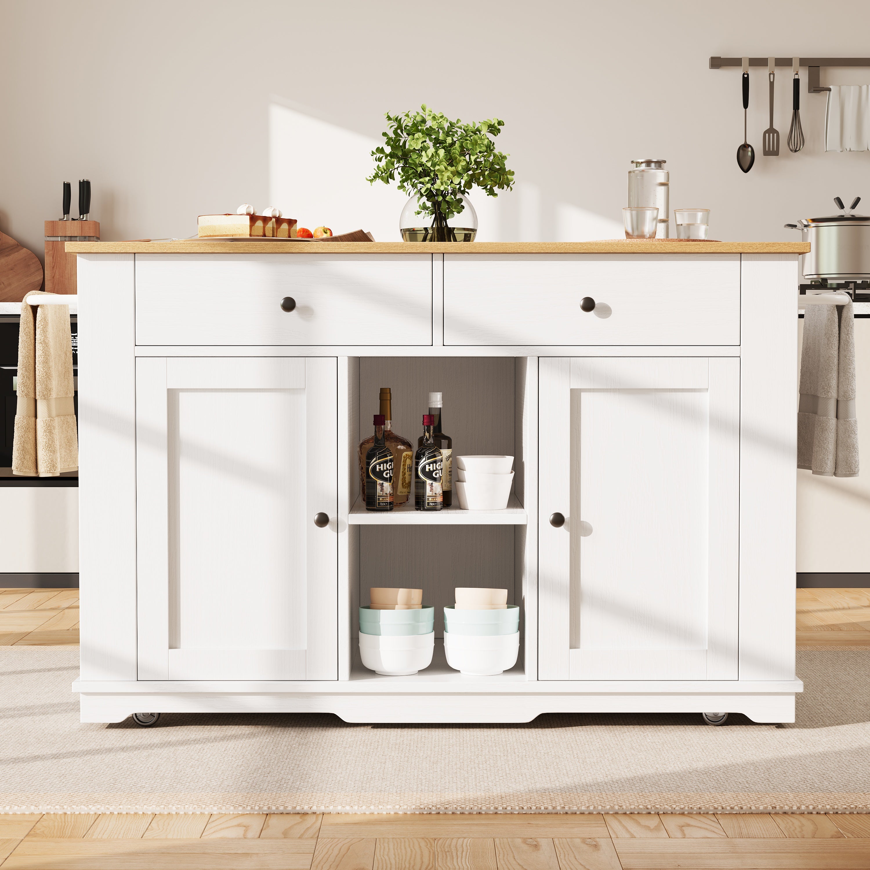 Kitchen island, kitchen trolley equipped with power strip, kitchen cabinet, serving trolley with worktop, buffet cabinet, dining trolley with wood grain, white