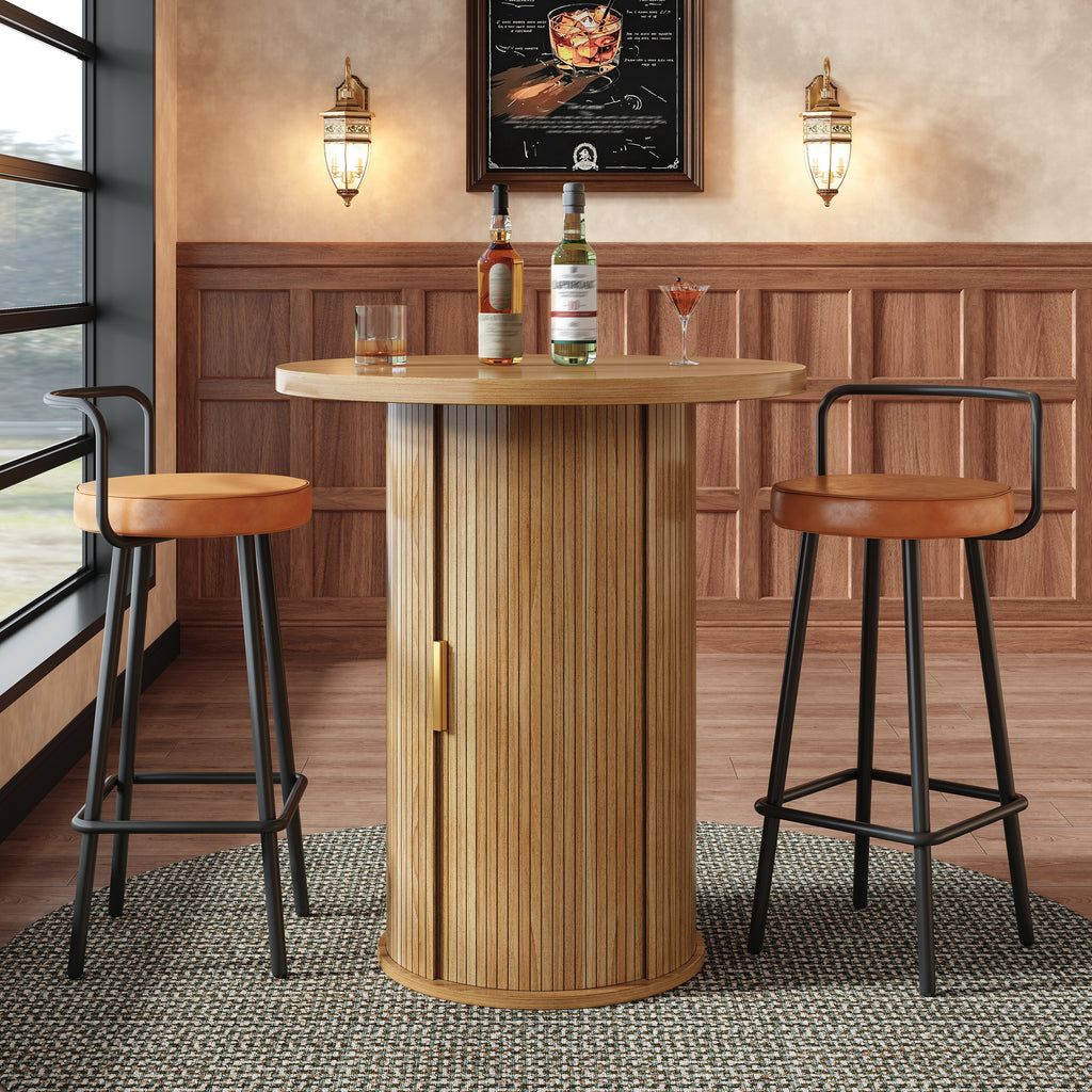 Round bar table with storage, 91.6cm high standing table with cabinet, MDF wood look, load capacity up to 75kg, for bar & living room