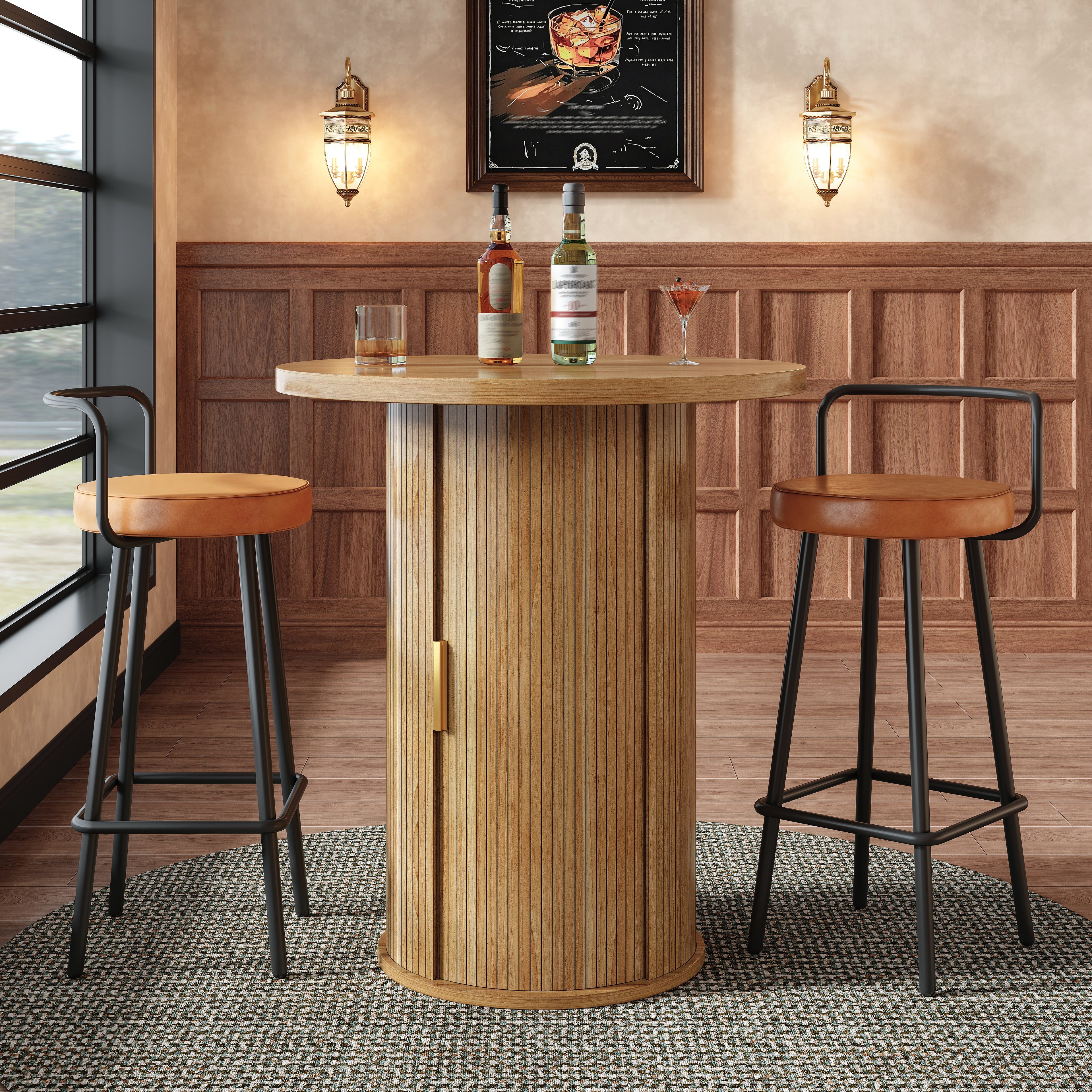 Round bar table with storage, 91.6cm high standing table with cabinet, MDF wood look, load capacity up to 75kg, for bar & living room