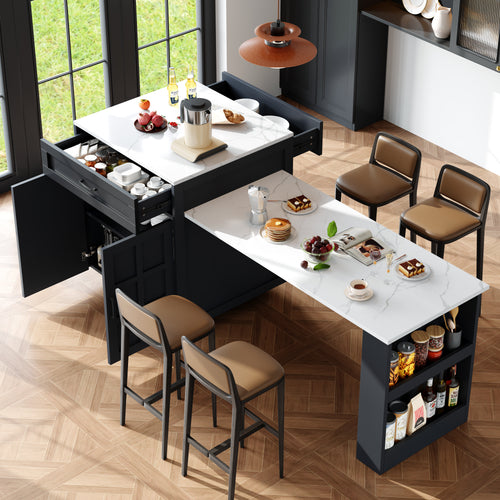 Extendable Bar Table with Storage (133–202 × 70 × 93.5 cm), with Two Drawers and Four Compartments, Expandable Kitchen Island Table for 2–6 People, Kitchen Dining Cart with Side Shelves, Black.