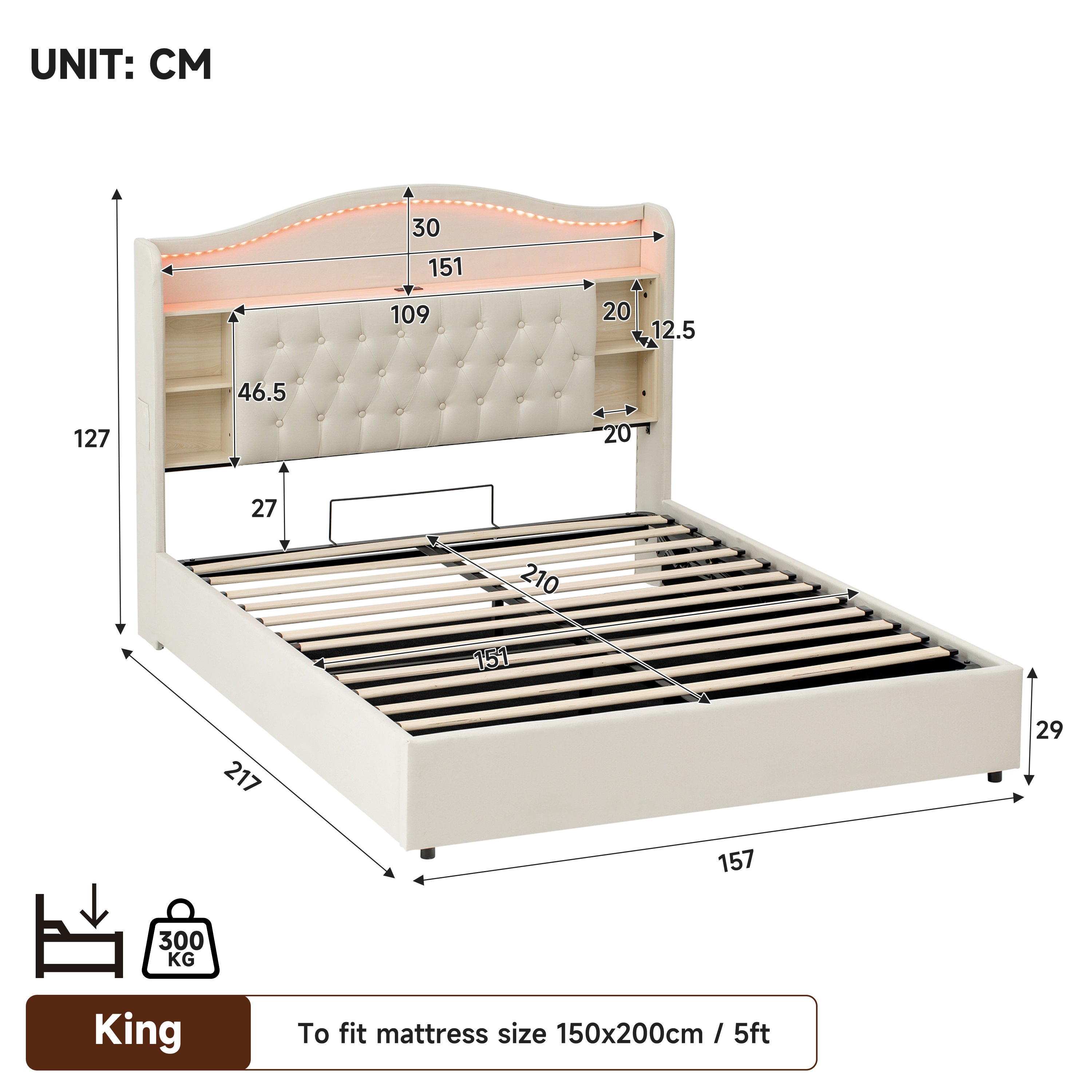 5ft King Upholstered Bed Frame with Hydraulic Storage, LED Curved Button Tufted Headboard with Charging Station and Concealed Headboard Storage, USB and Type - C Ports, Linen, Beige (No Mattress)