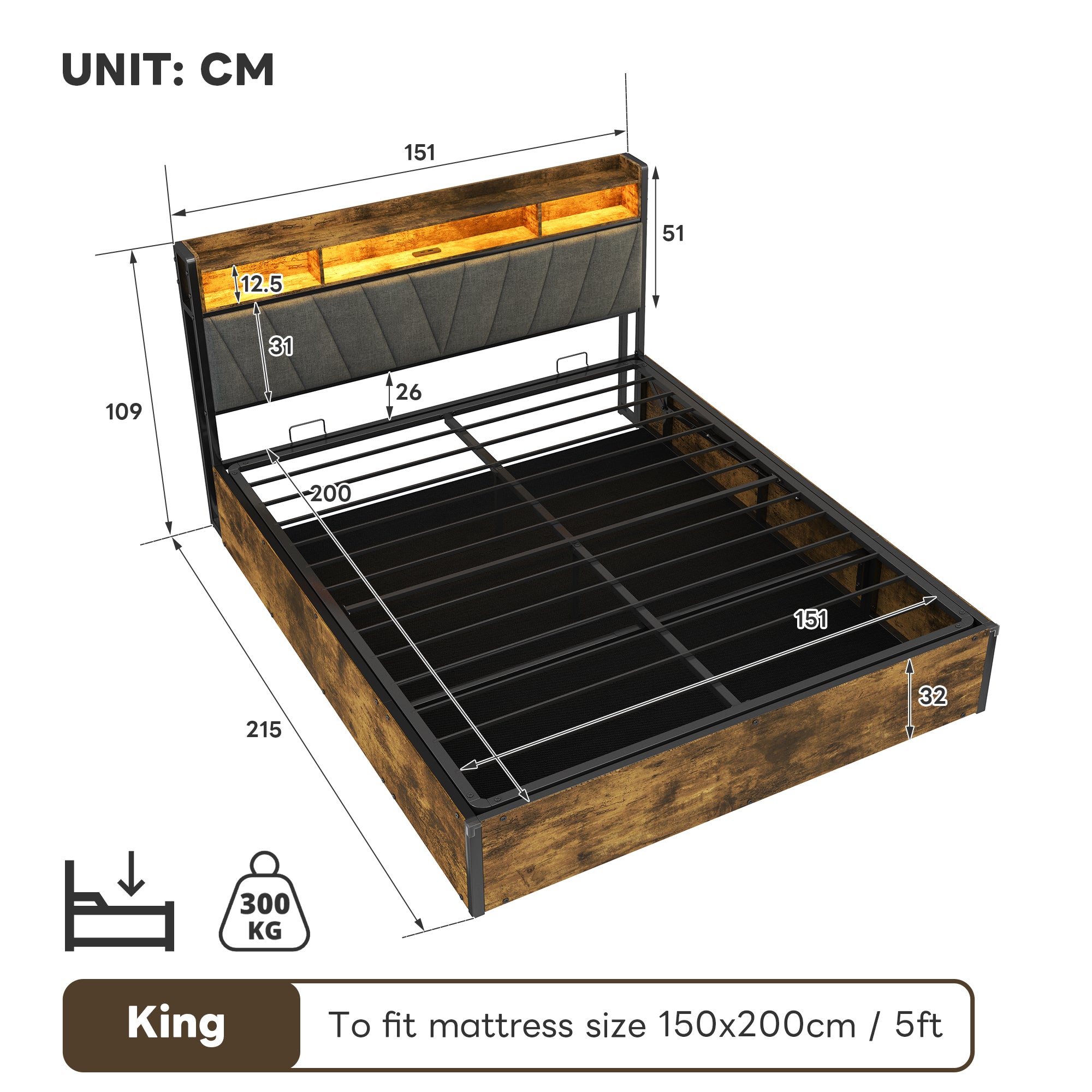 5ft King Bed Frame with Hydraulic Storage, RGB LED Storage Headboard with Charging Station, USB and Type-C Ports, No Box Spring Needed, Easy Assembly, Black+Walnut (No Mattress)