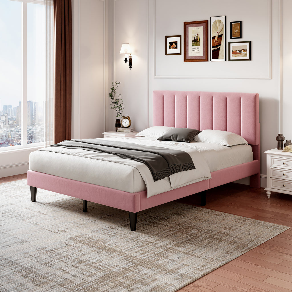 4ft6 Double Upholstered Velvet Bed Frame, with Adjustable Channel Tufted Headboard, Velvet Platform Bed Frame with Solid Wood Slat and Mute Foam, No Box Spring Needed, Easy Assembly, Pink