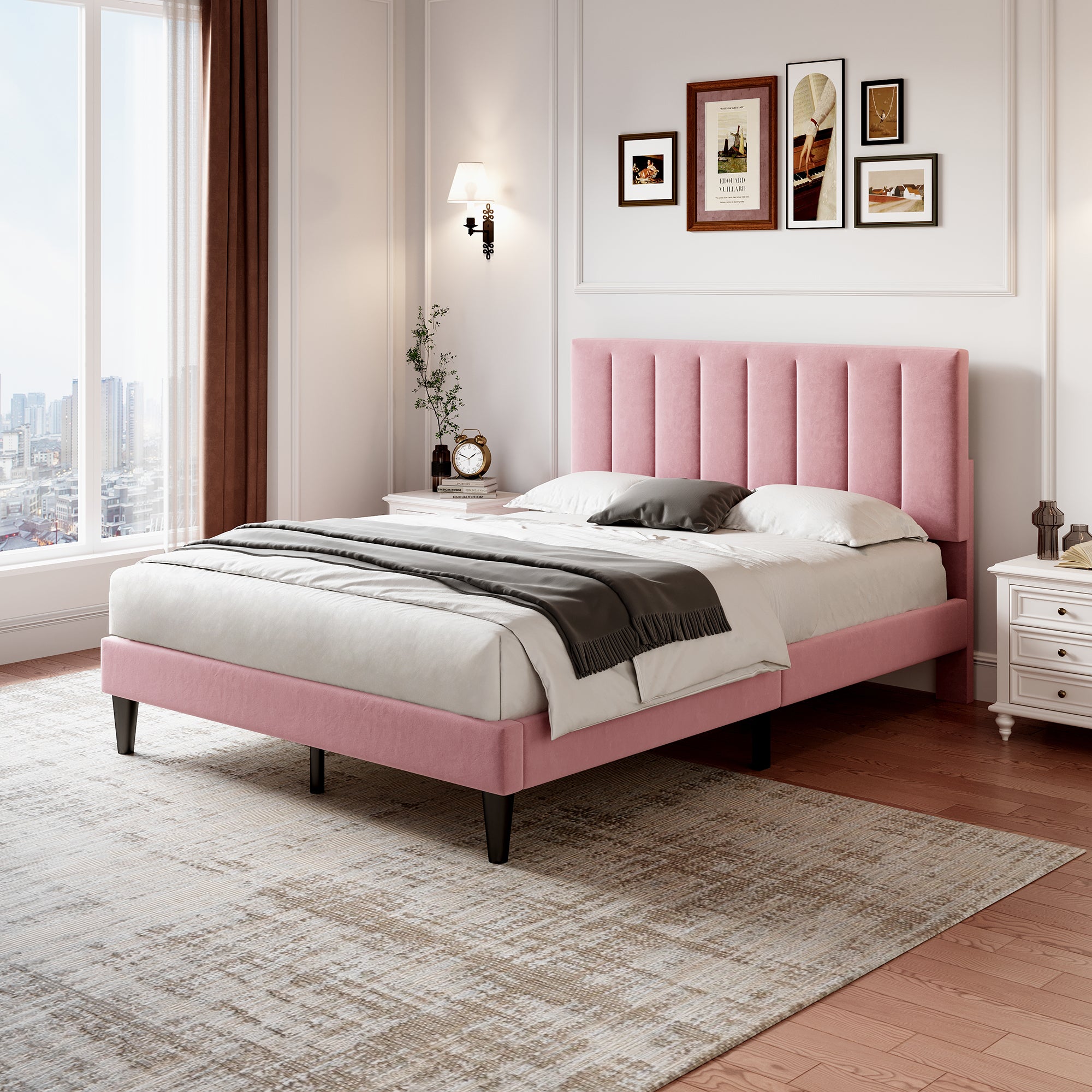 4ft6 Double Upholstered Velvet Bed Frame, with Adjustable Channel Tufted Headboard, Velvet Platform Bed Frame with Solid Wood Slat and Mute Foam, No Box Spring Needed, Easy Assembly, Pink