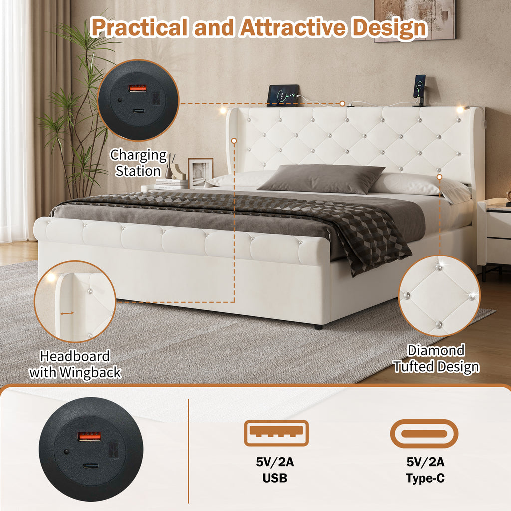 5ft King Upholstered Bed Frame with Hydraulic Storage,  Diamond Tufted Headboard with Charging Station and Reading Light, USB and Type - C Ports, Velvet, Beige (No Mattress)