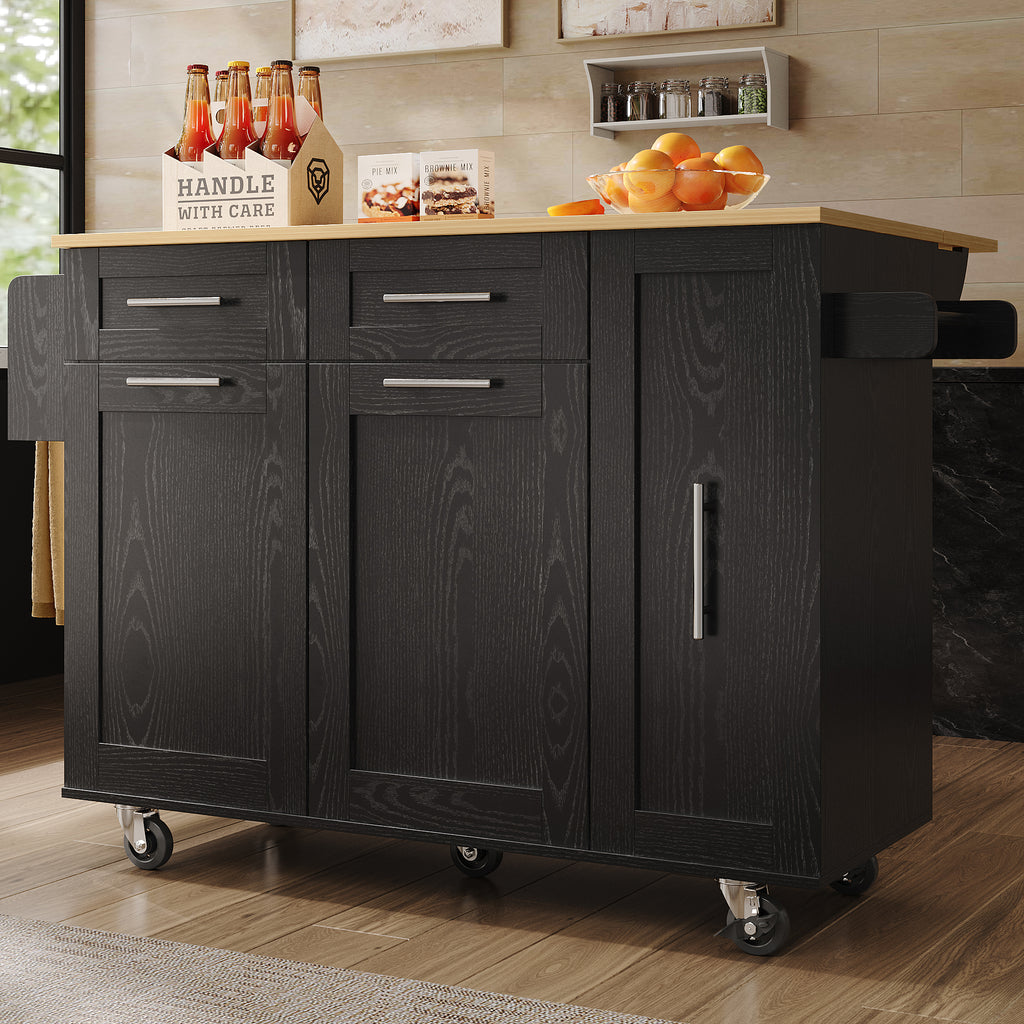 Modern kitchen island, kitchen cabinet, buffet cabinet, dining cart with wood grain, dining table with storage space, dining cart with snack shelves and stretch function cabinets, black