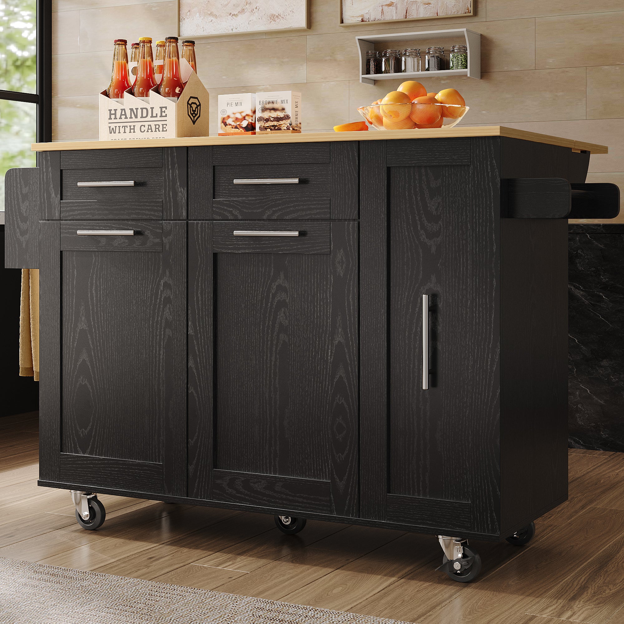 Modern kitchen island, kitchen cabinet, buffet cabinet, dining cart with wood grain, dining table with storage space, dining cart with snack shelves and stretch function cabinets, black