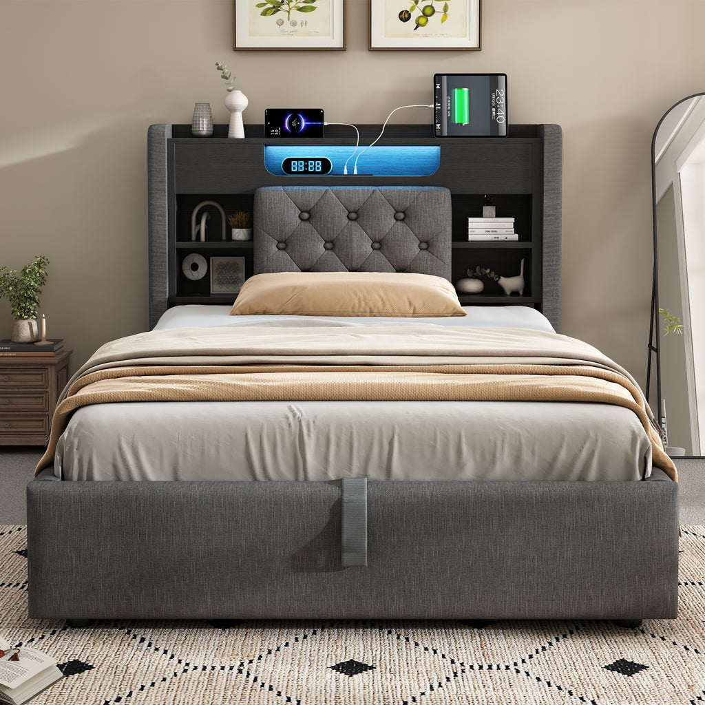 4ft6 Double Bed with Hydraulic Storage, Upholstered Bed Frame with LED Lighting & Charging Station, Storage Headboard for Cellphones & Tablets, 135 x 190 cm, Linen, Grey (No Mattress)