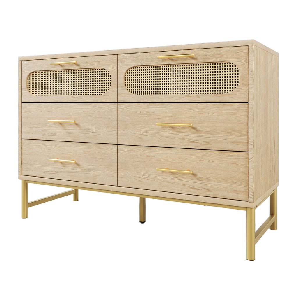 Rattan Sideboard Storage Cabinet with 6 Drawers,  Cupboard Sideboards for Living Room, Bedroom, and Hallway, Metal Handles, Anti-Tip, 120 x 40 x 74 cm, Oak