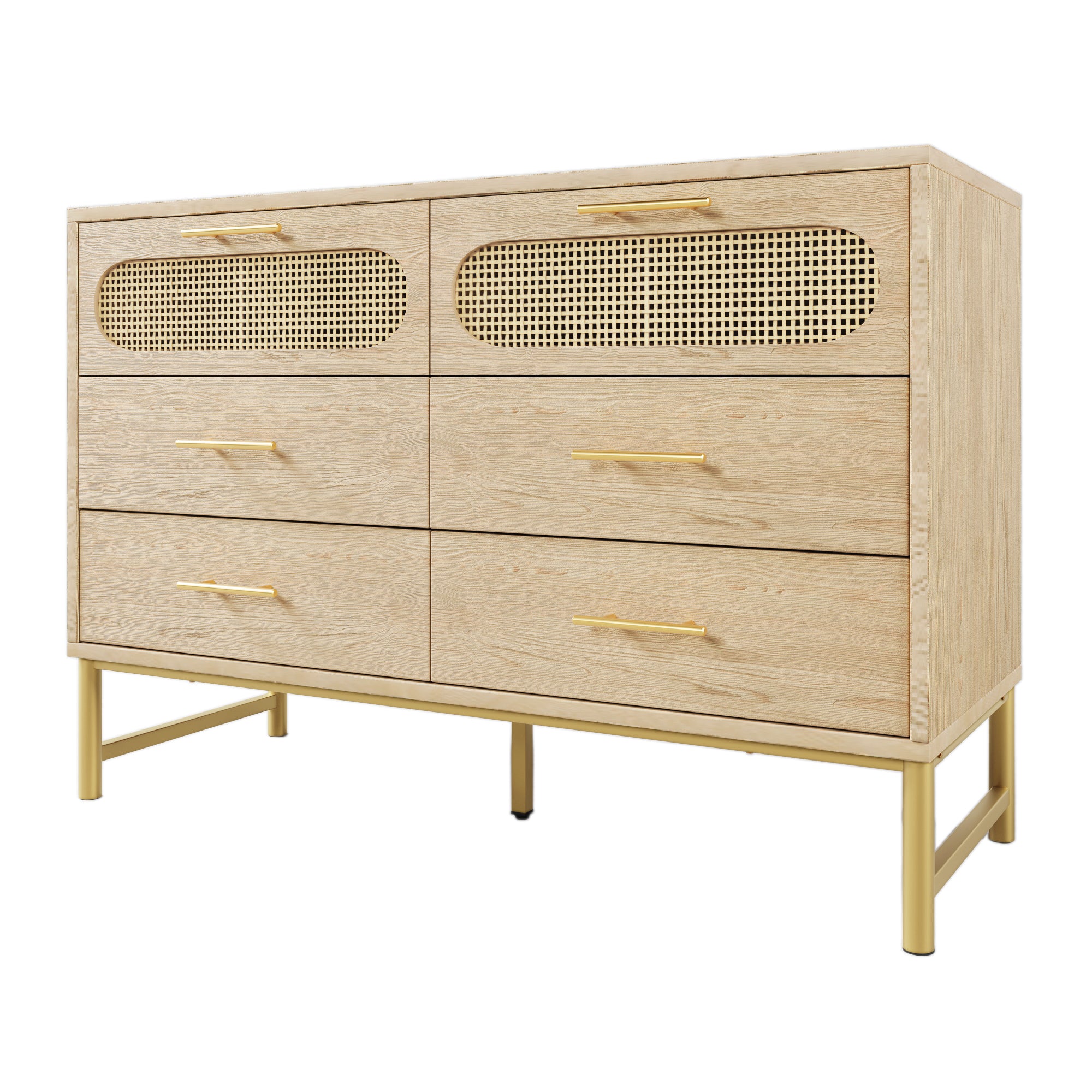 Rattan Sideboard Storage Cabinet with 6 Drawers,  Cupboard Sideboards for Living Room, Bedroom, and Hallway, Metal Handles, Anti-Tip, 120 x 40 x 74 cm, Oak