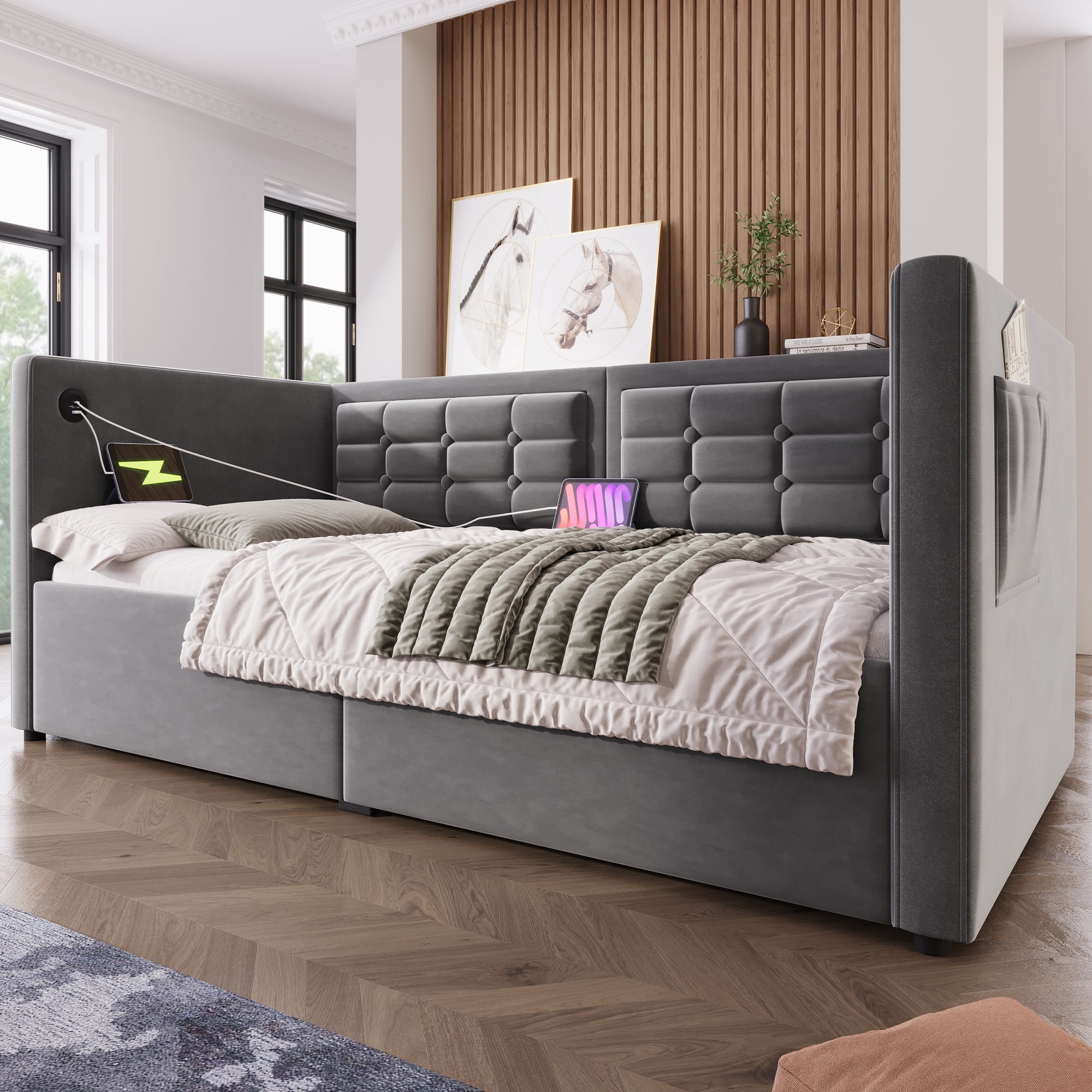 Daybed Upholstered Bed 90 x 190 cm, 3FT Single Sofa Bed with USB &Type-C Charging Station,  Hydraulic Storage Bed for Living Room and Bedroom, Velvet, Grey (No Mattress)