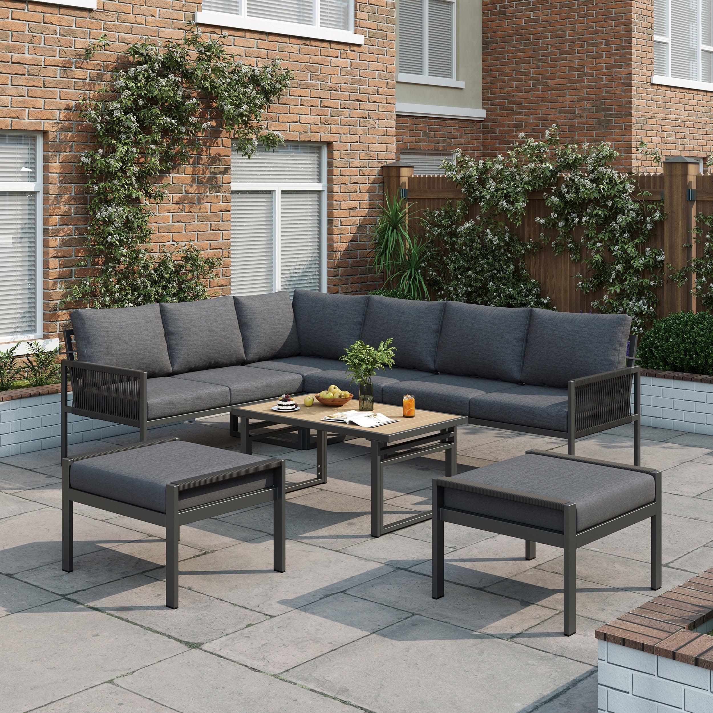 7-8 Seater Outdoor Garden Set with Height Adjustable Coffee Table and Compact Seater Stools, Corner Sofa with Polyester Rope, Weatherproof Outdoor Patio Dining Lounge Set for Balcony and Terrace, Grey