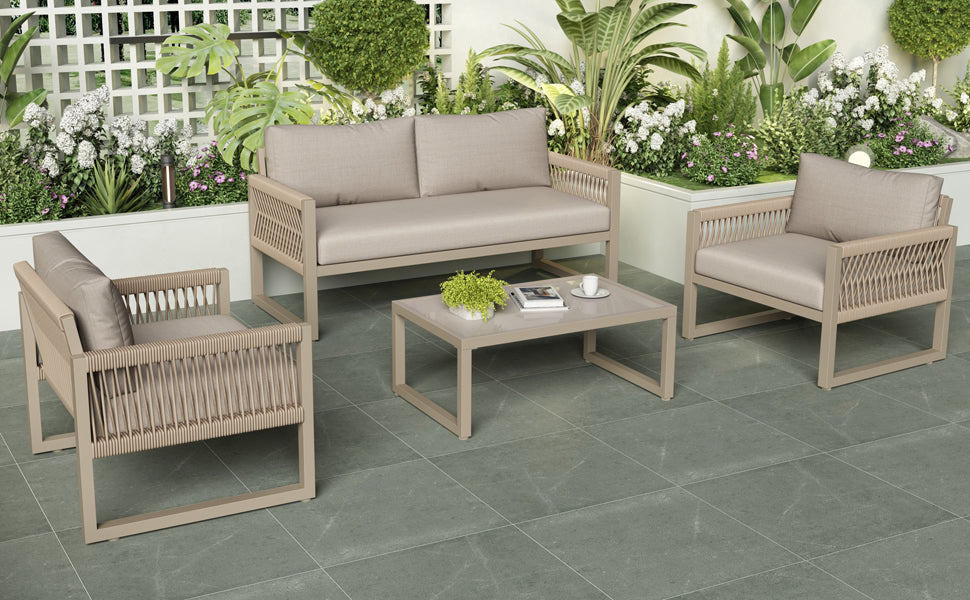 Outdoor Patio&Backyard Furniture Garden Lounge Set for 4 people, Thick Quality Space Saving Sofa with Glass Coffee Table, Khaki